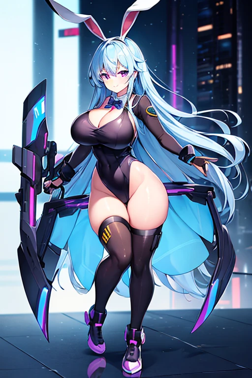 1girl, blue hair, large breasts, bunny ears, rabbit ears, wide hips, bodysuit, black bodysuit, long hair, science-fiction, tech, futuristic, machinery, full body, ((full body)), purple eyes, shoes, light smile, happy, shoes