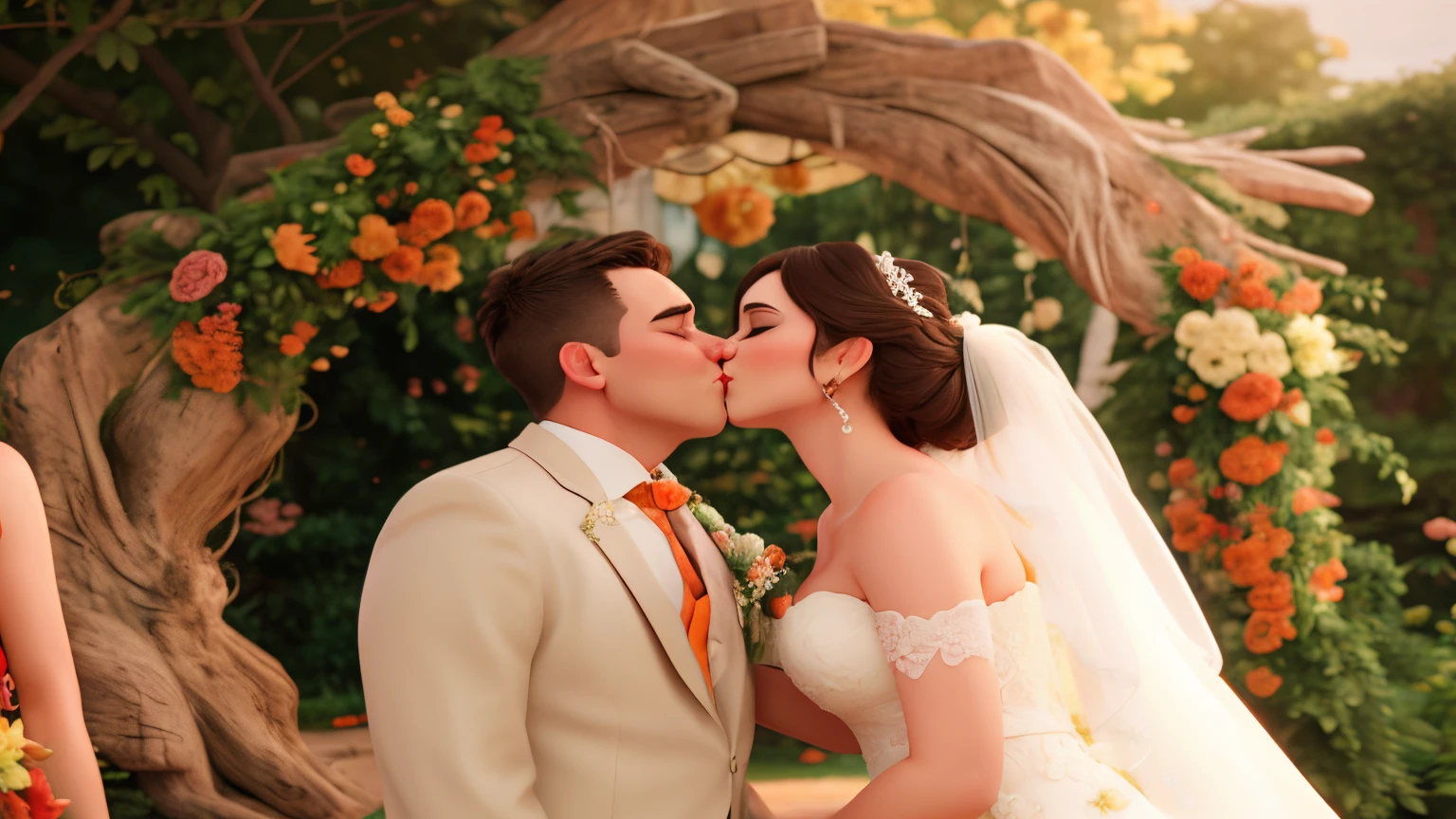 bride and groom kissing in front of an orange floral wedding arch, Newlyweds kissing couple, kissing tenderly The kiss, Celebrate a legal marriage in a garden with trees and flowers, beso encantador