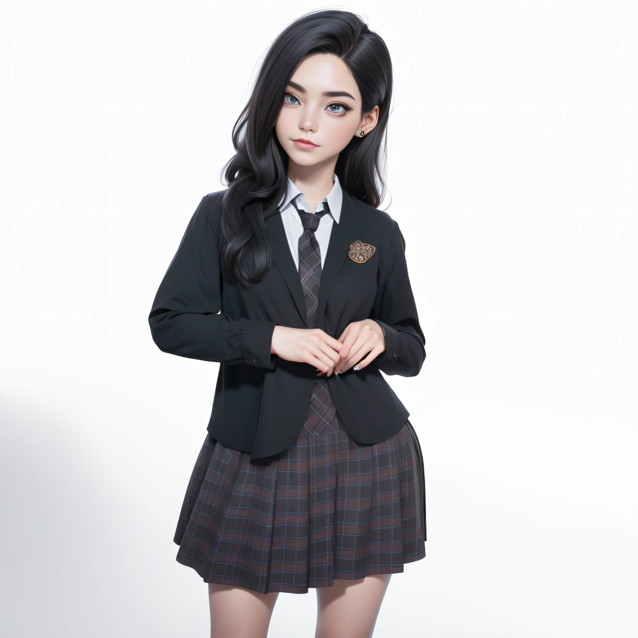 Obra maestra, La mejor calidad, 1girl, ojos negros, Pale skin, cabello negro oscuro, cabello ondulado, pelo corto, flequillo sobre el ojo, Pendientes, Camisa azul oscuro, Fondo simple, solamente, Parte superior del cuerpo