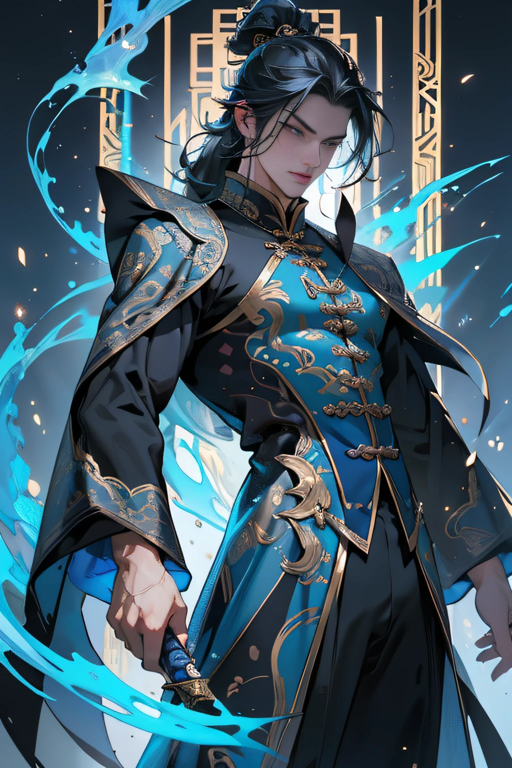 A Chinese man,standing full-body,long blue hair on shoulders,(Whole-body proportions),(juvenile sense)style of anime,(Male Taoist),(Whole-body proportions)proportions are correct,Face details,(glowing light eyes),malancholic look,High ponytail hairstyle,Neck details,Gold pattern,Detailed pubic hair,Blue and black robes,Blue and black robes,clothes details,longer sleeves,Game quality,sword fight,Light and shadow tracking,ray traycing,Detailed glow,cg render,hair detail,(blue long hair),middle parted bangs,blue colored eyes,(golden exquisite pattern)Handsome,Handsome,(Middle age),Clothing is complicated,Perfectcomposition,Refinement,high high quality,More detailed,A lot of detail,The background is complex,a sense of atmosphere,solid black background,high high quality,Douluo Dalu concept,Tang San,water elemental,