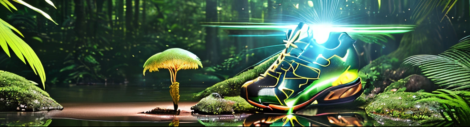 （a huge brown travel shoe）（Shoes on the grass），tmasterpiece，Best quality at best，Extremely beautiful reflection，The best reflections，(Very detailed CG unity 8k wallpaper)(Best quality at best)(The best illustrations),(The best shadow)。Forest theme with natural elements,Tall trees，quiet streams，Glowing small mushrooms，surrounded by exquisite leaves and branches，There are also fireflies and glowing particle effects，(nature elements)。(Jungle theme)。(foliage)，butterflys,(exquisite leaves)，(with light glowing)，(particle effect)，Isometric 3D，Octane rendering，Ray traching，超詳細