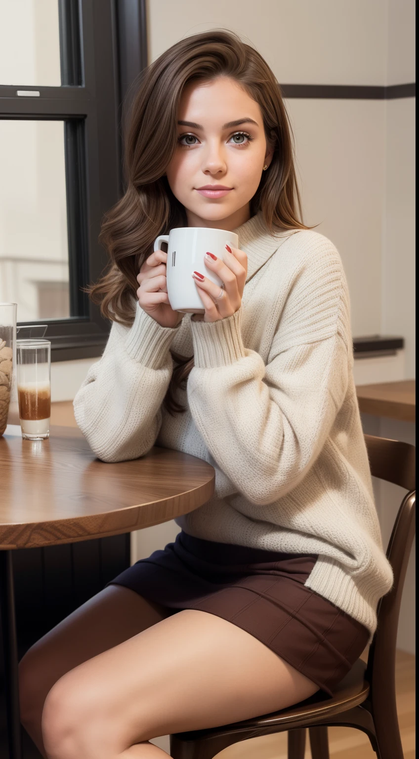 22 year old girl, cozy, sweater, skirt, drinking coco, kitchen, sitting down, sitting down at table, drinking from mug, brown hair, knee high socks, knee high