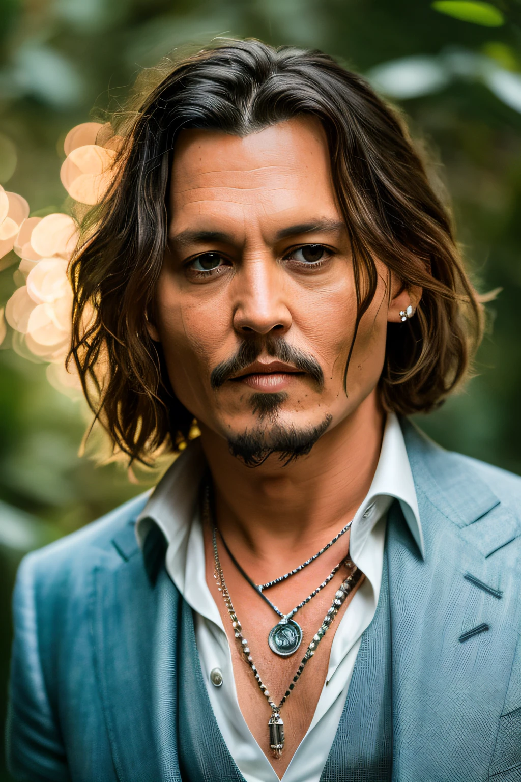 masterpiece, johnny depp walking through the jungle (night among fireflies), (high detail:1 1), rough face, natural skin, high quality, nsfw, beautiful eyes, (detailed face and eyes), (face: 1 2), noise, extra, real photo, PSD, lamp film photography, sharp focus, contrast lighting, detailed skin, high resolution 8k, crazy detail, realistic, professional photography, 8k UHD, SLR camera, soft lighting, high quality, film grain, Fujifilm XT3