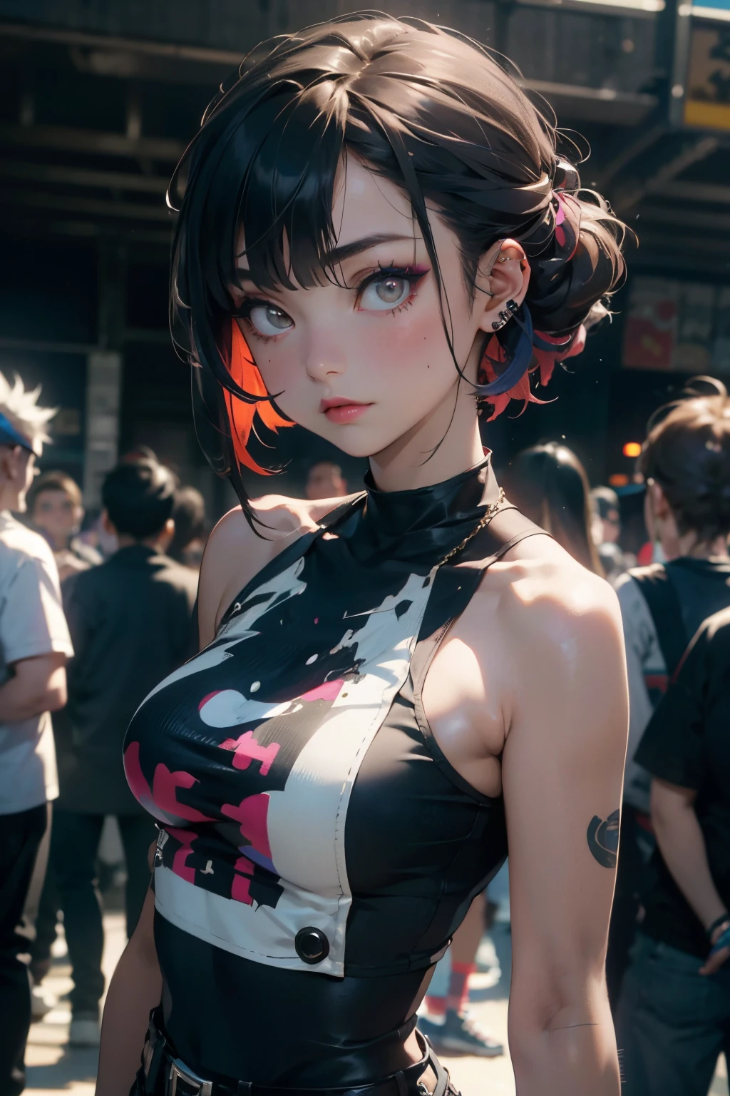 a 20 yo woman、A dark-haired、(hi-top fade:1.3)、dark themed、Muted Tones、Subdued Color、highly contrast、(natural skin textures、Hyper-Realism、Soft light、sharp)、(masutepiece:1.2, Best Quality), (real picture, Intricate details), (1lady, Solo, Upper body, Big Tits)
Clothes: Edgy, Avant-garde, experimental
appearance: Shaved head or bold hair color, Dramatic makeup, Unconventional fashion choices
behavior: defiance, non-conformist, place of provocation: urban art district, Underground Music Scene
hobby: attending punk shows, creating mixed media art, Try different subcultures
values: individuality, authenticity, Creative Expression Inspiration: Punk rock music, Counterculture icons, Characters of the avant-garde movement: Bold, boldness, Unconventional,leggins,leggins,LIVE Venue,