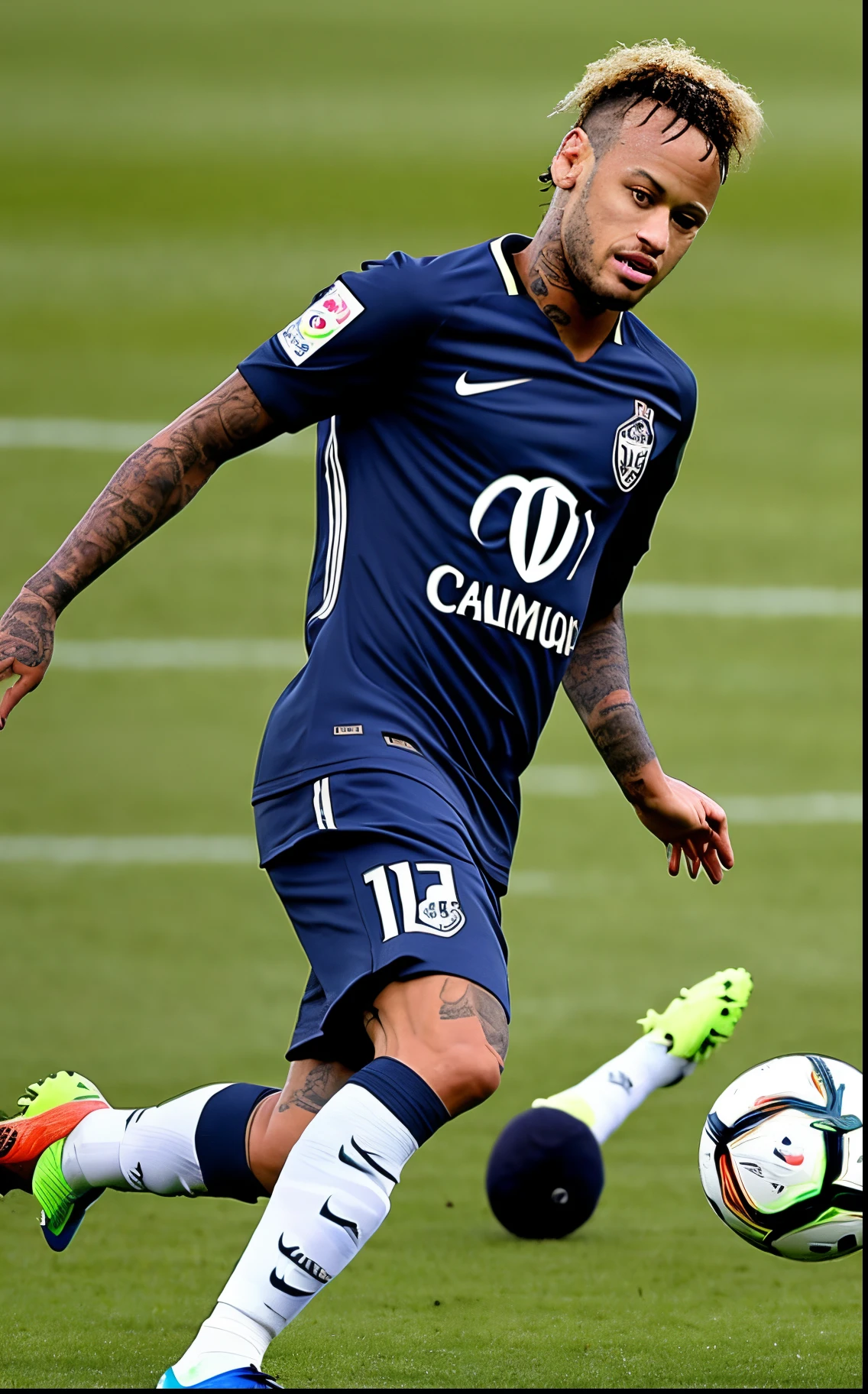Homem Soccer Player Platinum hair with tattoos, in a blue club, Training, photo from afar