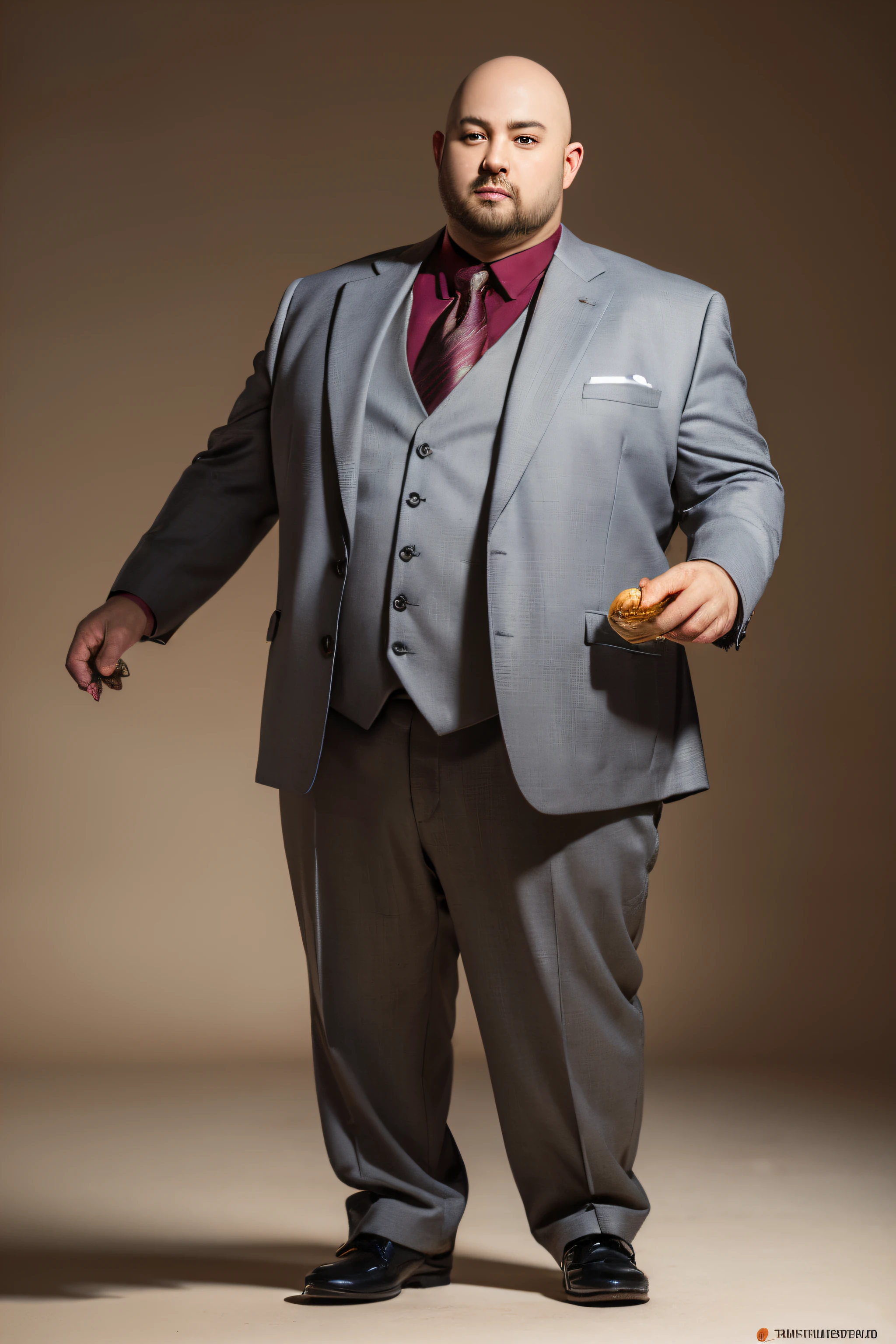 (Realistic style characters), (Bald fat, wear suit:1.3), Posture and expressions,Holding fish in left hand and peanut oil in right hand, (tmasterpiece, Best quality at best, The is very detailed, high-resolution illustrations:1.2), (Happy)