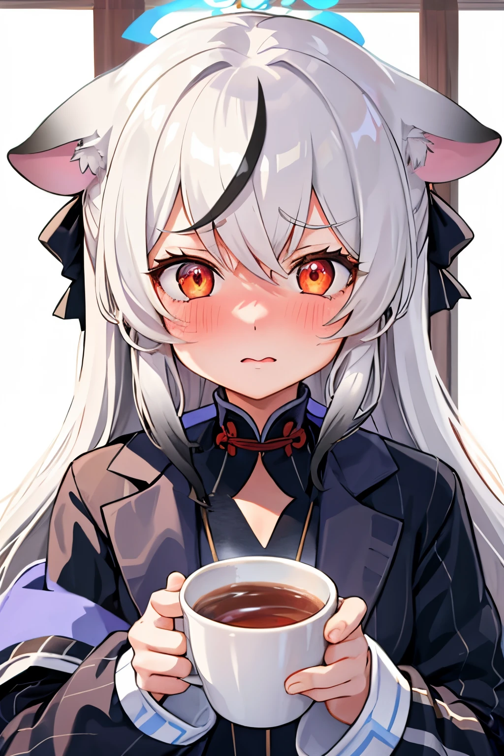 1girl, kokona, indoors, orange eyes, white hair, :3 mount, embarrassed, beautiful eyes, beautiful lips, shiny lips, extremely detailed eyes and face, long eyelashes, close-up, warm lighting, vibrant colors, looking at the viewer, embarrassed look, blush, winter clothes, having a hot drink, in a snowy place