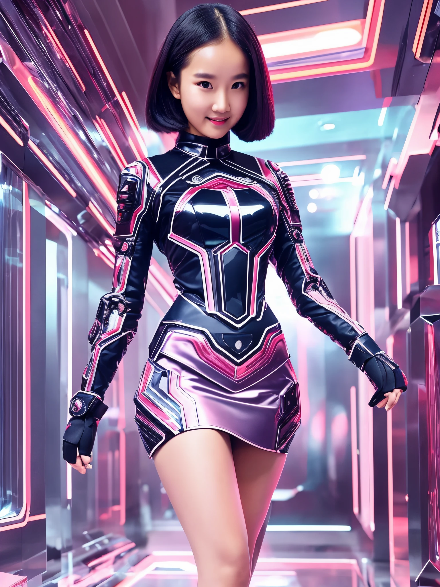 In a futuristic setting, a beautiful Chinese girl confidently strides forward, adorned in a cutting-edge exoskeleton suit that seamlessly combines advanced technology with a touch of elegance. Her slightly plump figure is gracefully accentuated by a stylish mini skirt and a low-cut, one-piece dress. The fusion of these fashion elements creates a captivating ensemble that exudes both confidence and charm. With a radiant smile, she showcases a unique style that seamlessly blends modern aesthetics with the powerful allure of futuristic machinery. The combination of high-tech features and a fashion-forward approach results in a striking and vibrant appearance, highlighting the intersection of innovation and individuality. As she walks, her slender legs peek out from the mini skirt, adding a touch of allure to the overall ensemble. This vision of the future not only showcases technological prowess but also celebrates the girl's youthful vitality and creative fashion choices, making her a symbol of dynamic beauty in the evolving landscape of style and technology. --auto --s2