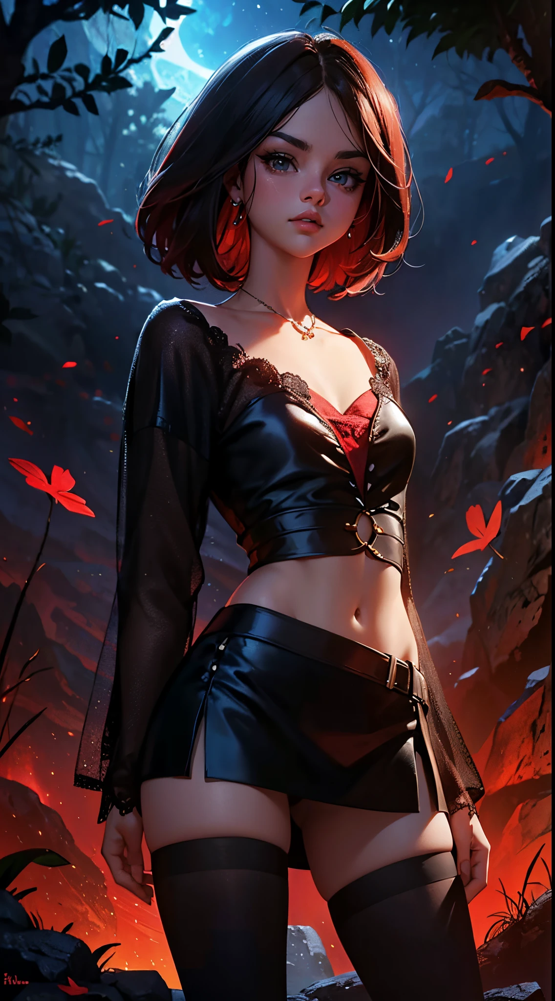 Selena Gomez La bruja,Pelo rojo,pelo corto,Ojos rojos,(disfraz rojo sexy:1.4), (bosque encantado nocturno:1.4),More detailed 8K.motor irreal:1.4,UHD,La mejor calidad:1.4, fotorrealista:1.4, textura de la piel:1.4, obra maestra:1.8,obra-prima, mejor calidad,objeto Objeto], (detailed face features:1.3),manos detailed, UHD, 8k,miniskirt red,(Selena Gomez:1.4),magic blue background, (Medias de red pantimedias:1.4), ligero de encaje white