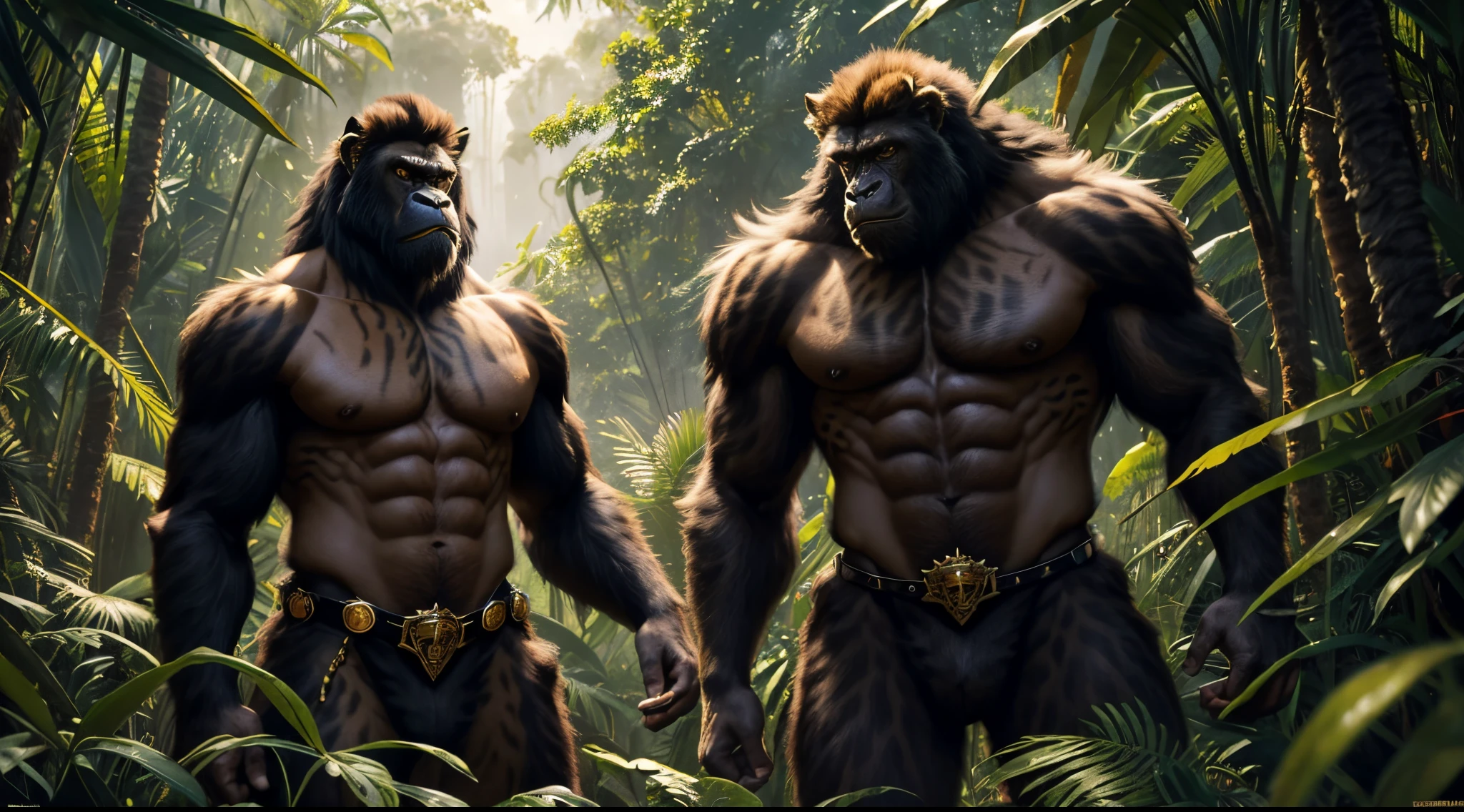 Hairy gorilla standing in jungle with trees, humanoid cheetah, of anthro leopard warlock, Intense expressions 4k, Discover the surreal, Dramatic movie detail fur, king of the jungle, sabertooth tiger, saber tooth tiger cat, king of the jungle, epic digital art illustration, majestic pose, tigre_beastly, digital painting very detailed, epic digital painting