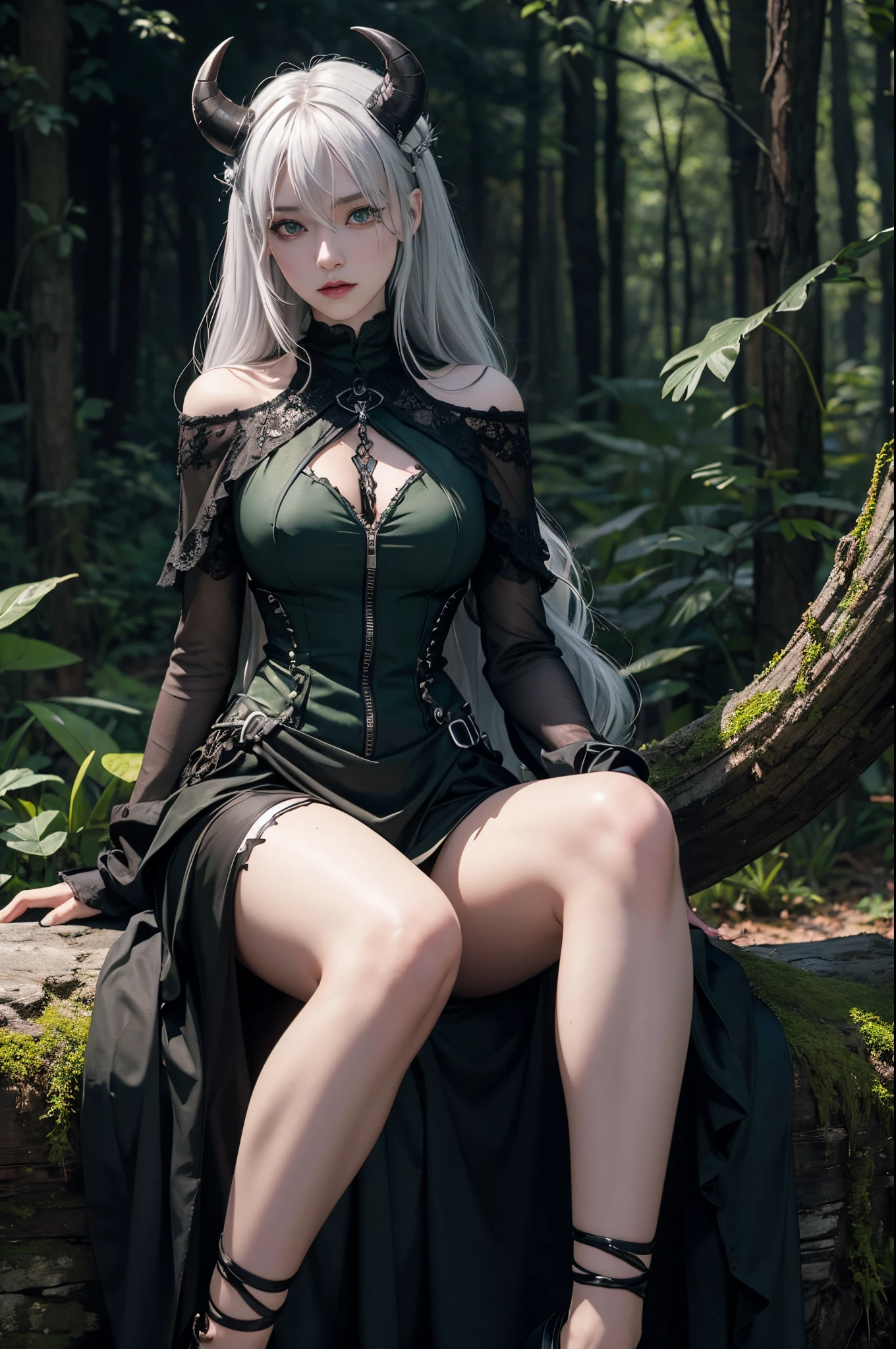 Female demon,silver hair,dark green eye,black horn,dark green and black root tree costume