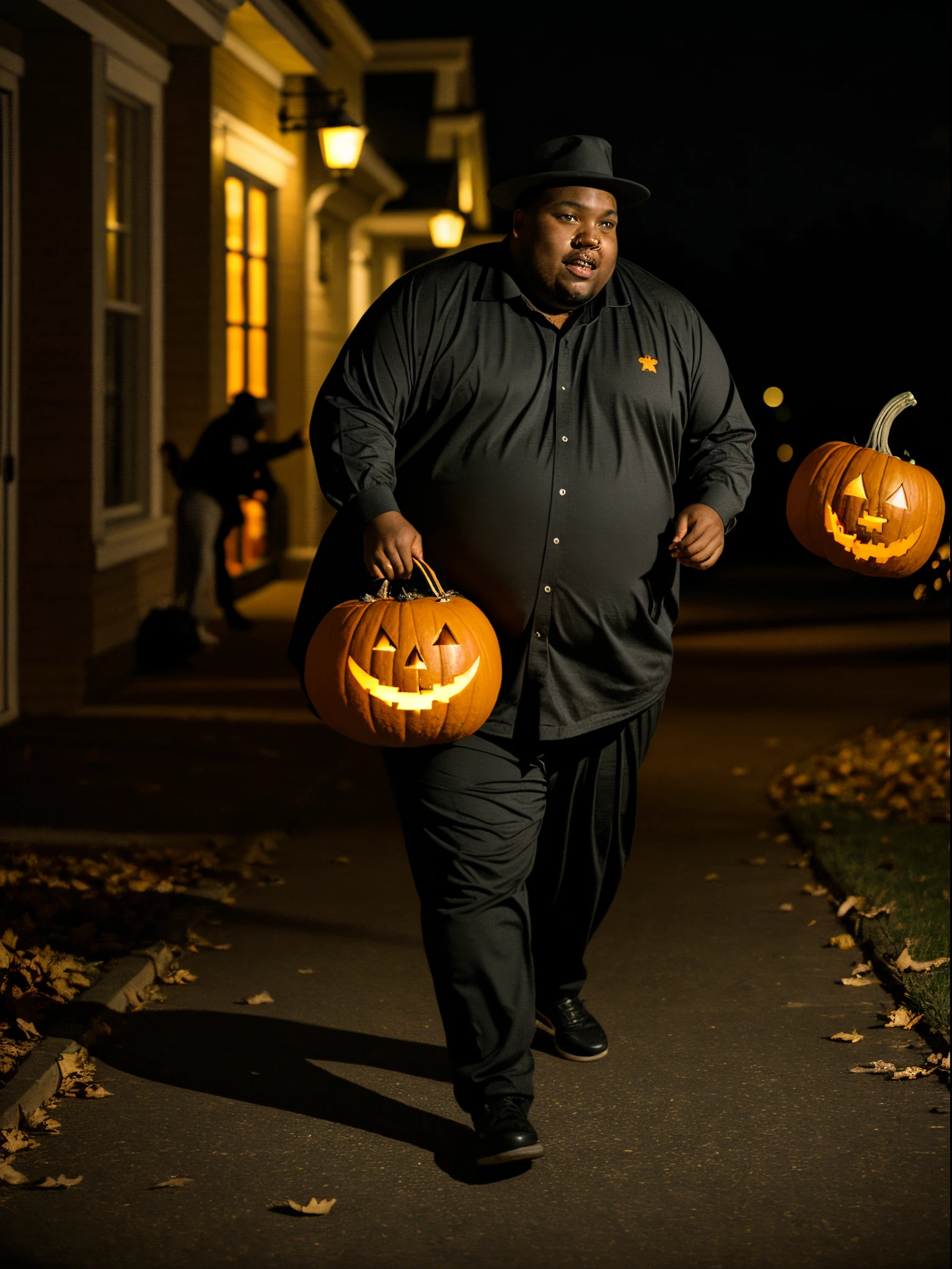 the old fat caucasia man in lioncloth use pumkin as sex toy at the park passionately volumetric in the night