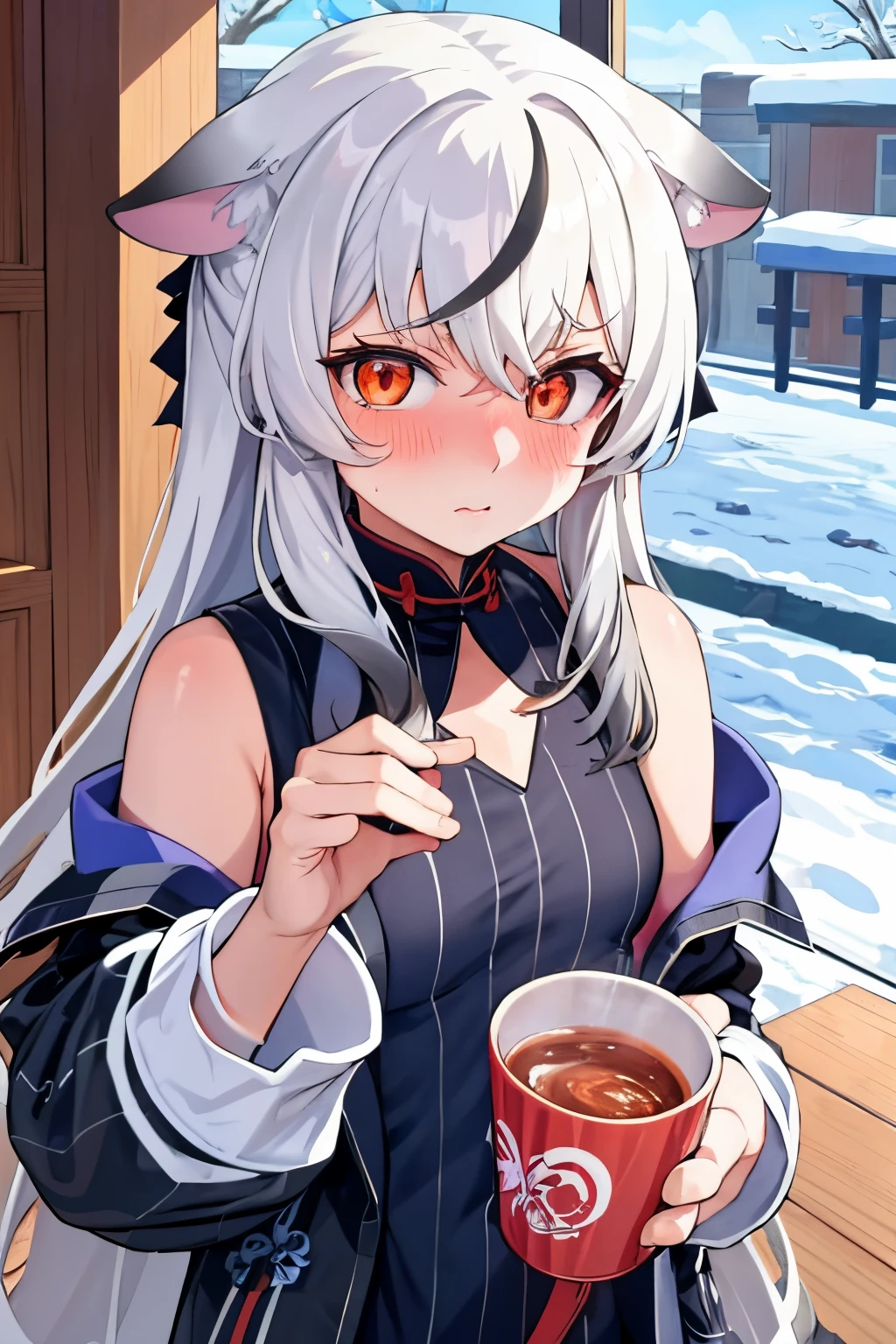 1girl, kokona, indoors, orange eyes, white hair, :3 mount, embarrassed, beautiful eyes, beautiful lips, shiny lips, extremely detailed eyes and face, long eyelashes, close-up, warm lighting, vibrant colors, looking at the viewer, embarrassed look, blush, winter clothes, having a hot drink, in a snowy place outdoors