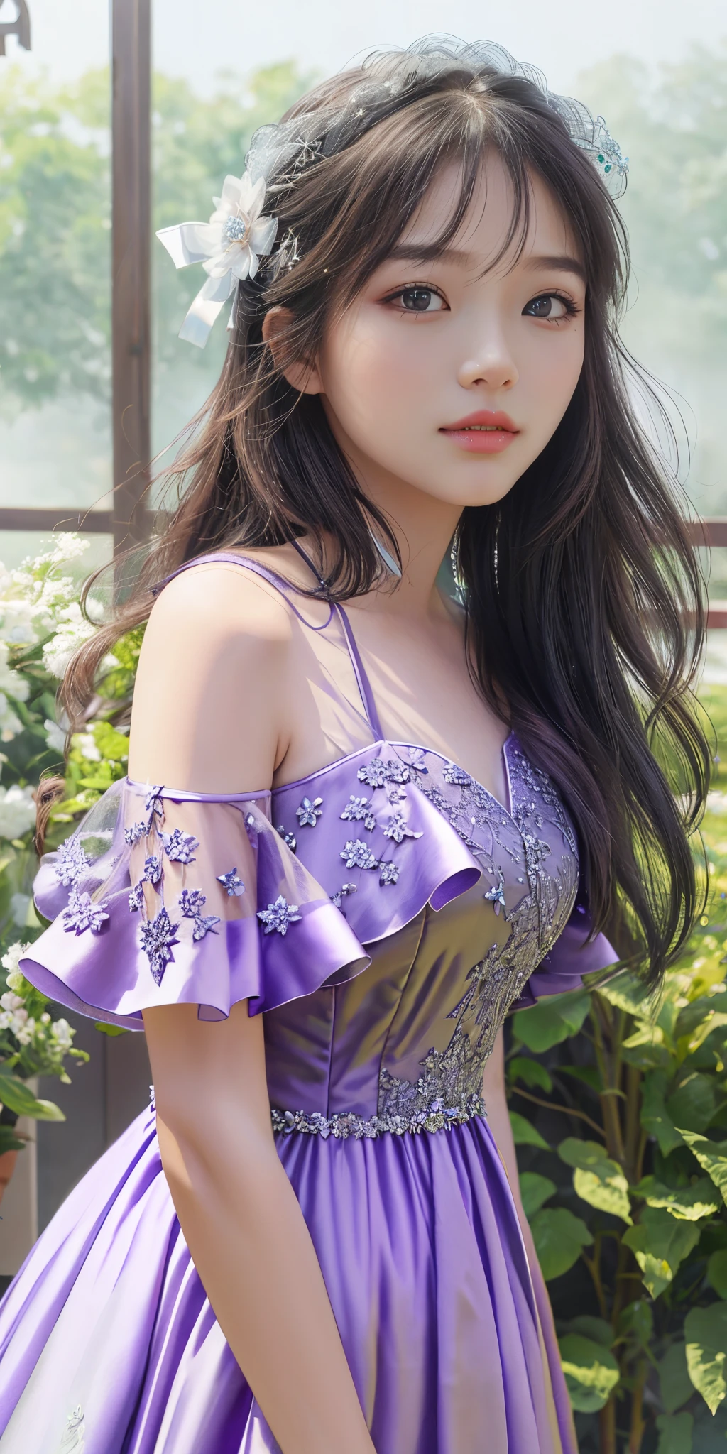Realistic photos of a beautiful 28 year old woman。Transparent dress made of lilac crystals。Inside the Glass Temple。