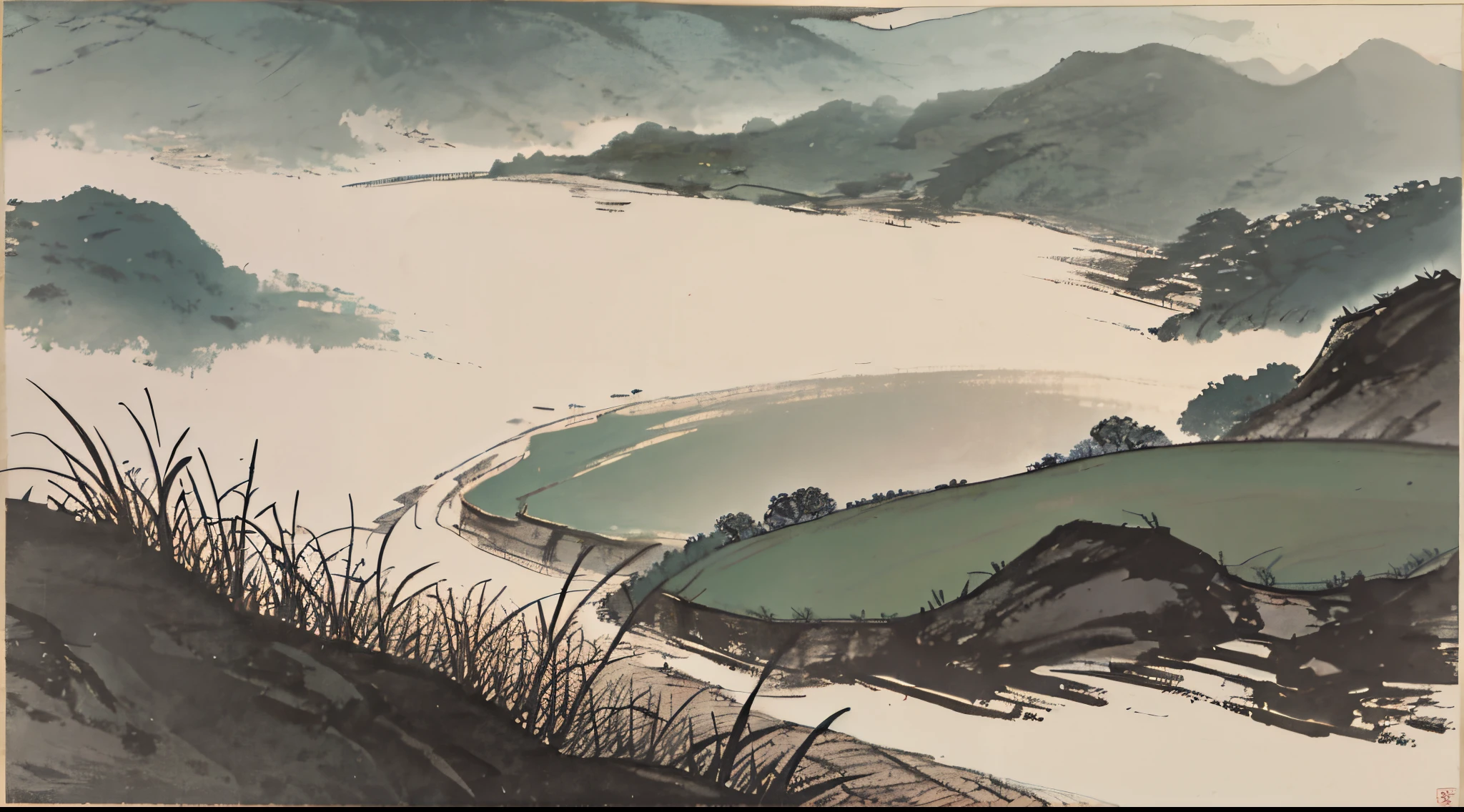 Chinese landscape painting，grassy fields，Rochas，（without humans）