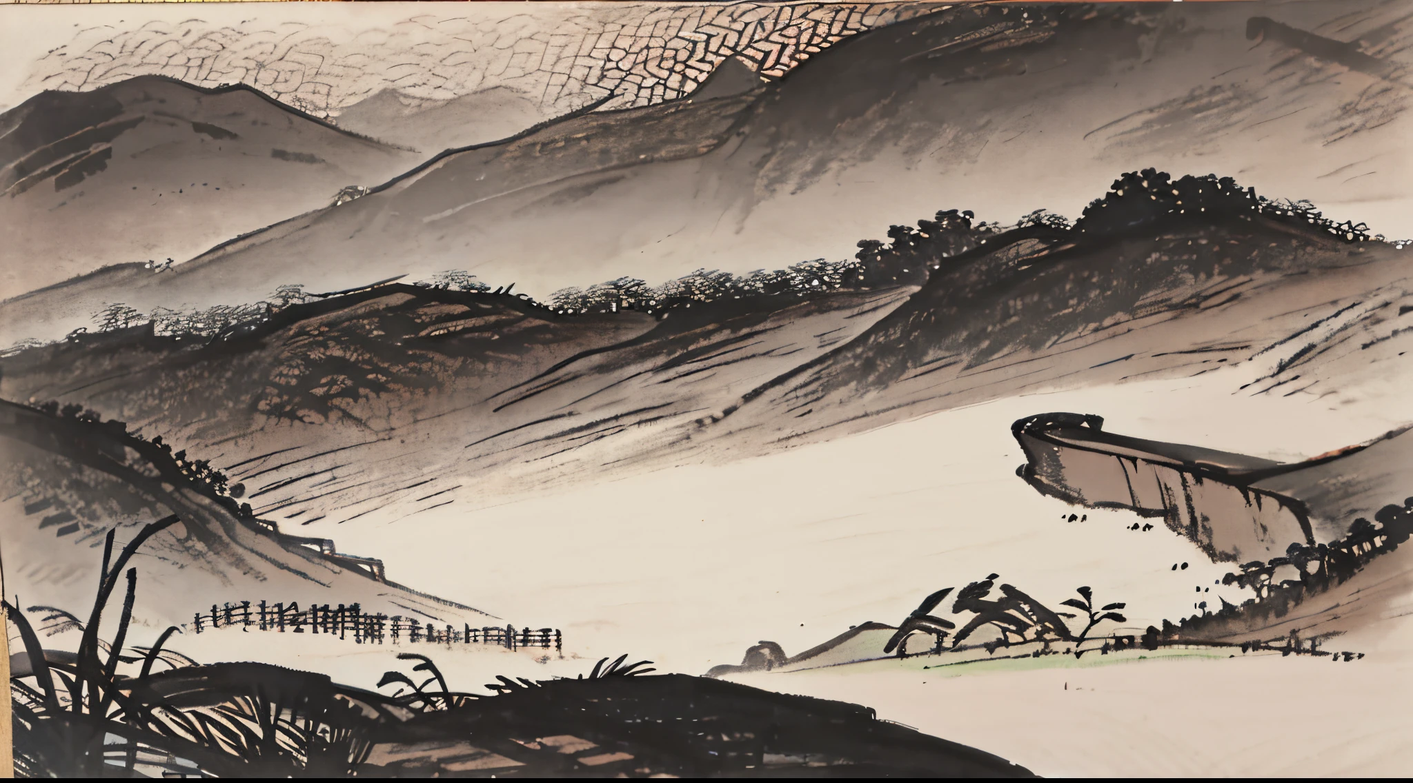 Chinese landscape painting,grassy fields,Rochas,(without humans)