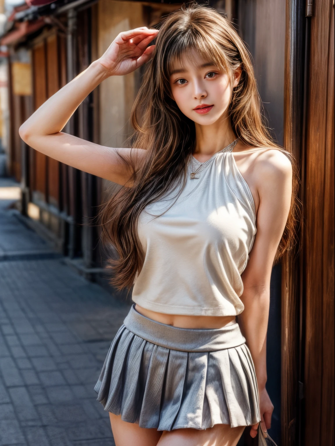 masterpiece、8K、32K、top-quality、(A detailed eye)、(A cute Japanese woman、bangss)、23years old、1 girl in、elegent、(Detailed background depiction、portlate:1.2)、Tank Tops、(a miniskirt:1.3)、Japan alley、is standing、Sunlight、during daytime、ssmile、cowboy shot