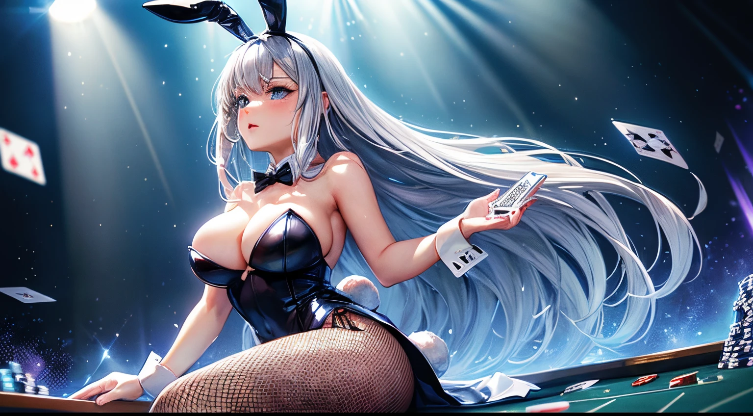 ((worst quality, low-quality)), profile, Taken from the side, ((a closeup)), facefocus, Rabbit eared girl, Solo, Blue Playboy Bunny, slender, ((Large breasts)), ((Long silver hair)), plump shiny lips, A beautiful Blue eyes, Spoken Heart, ((Playboy Bunny)), fishnet tights, embarrassed, (light Particle, light glow, llight rays:1.4), ( Casino background, Falling playing cards:1.3), high-angle shot, Casino, Best Quality,ultra-detailliert, masterpiece,