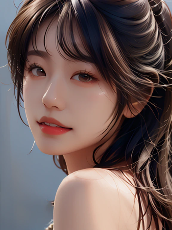 top-quality、masterpiece、超A high resolution、(Photorealsitic:1.4)、Raw photo、1girl in、off shoulders、suns、deep-shadows、lowkey、Cold Light、huge smile
