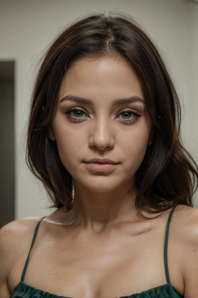 Best quality, 8k, 32k, Masterpiece, UHD:1.2),Photo of Pretty brunette woman,sharp focus, raw amateur photo, beautiful girl, just woke up, take a selfie in bed,thick body, long hair, detailed skin texture & pores, (goosebumbs:0.7), looking at viewer, face focus, taken with mobile camera, film grain, flashlight, instagram LUT