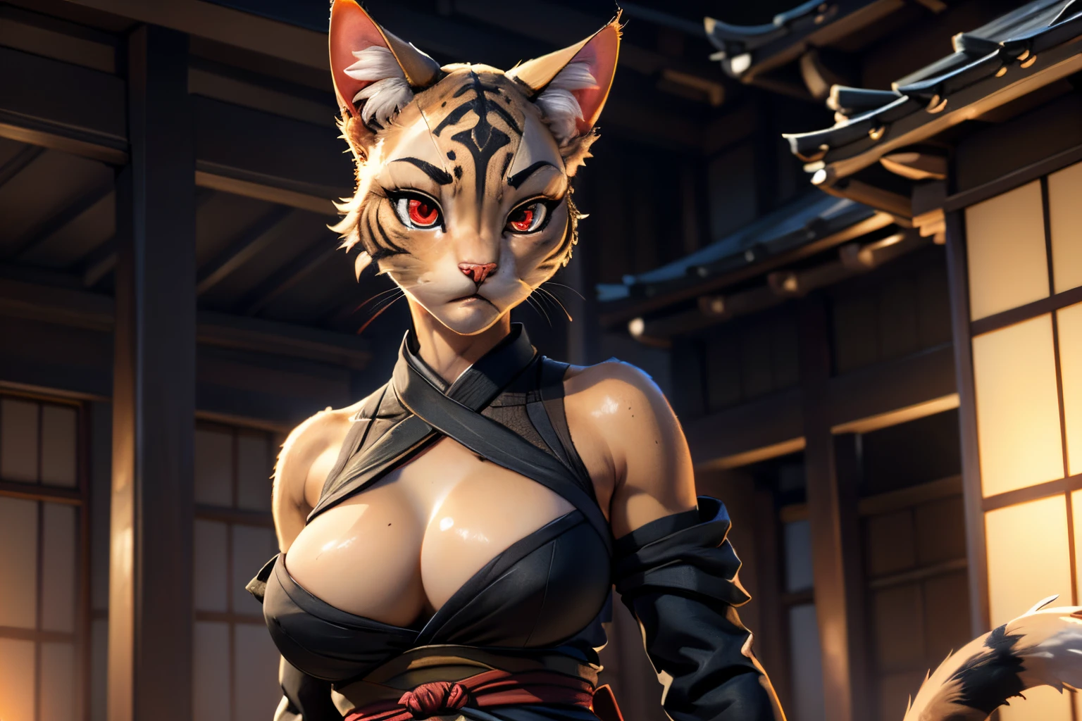 ((ultra quality)), ((tmasterpiece)), Girl-khajiit, Shinobi Girl, anthro cat, furry cat, ((there are only cat ears, no others)), ((there is a cat&#39;s short fluffy tail in its back)), ((Face Clean)), Beautiful cute face, beautiful female lips, charming beauty, ((stern expression)), looks at the camera with his eyes slightly closed, ((skin color black)), ((Skin color dark)), Body glare, ((detailed beautiful female eyes)), ((red-eyes)), beautiful female hands, ((perfect female figure)), ideal female body shapes, Beautiful waist, big thighs, ((Subtle and beautiful)), seductively worth it, epic stance ((closeup face)), ((Ninja clothing, sexy shinobi clothes, sexy cleavage), background: 19th century Japan, Traditional Japanese House, the night, ((Depth of field)), ((high quality clear image)), ((crisp details)), ((higly detailed)), Realistic, Professional Photo Session, ((Clear Focus)), ((cartoon)), the anime, NSFW