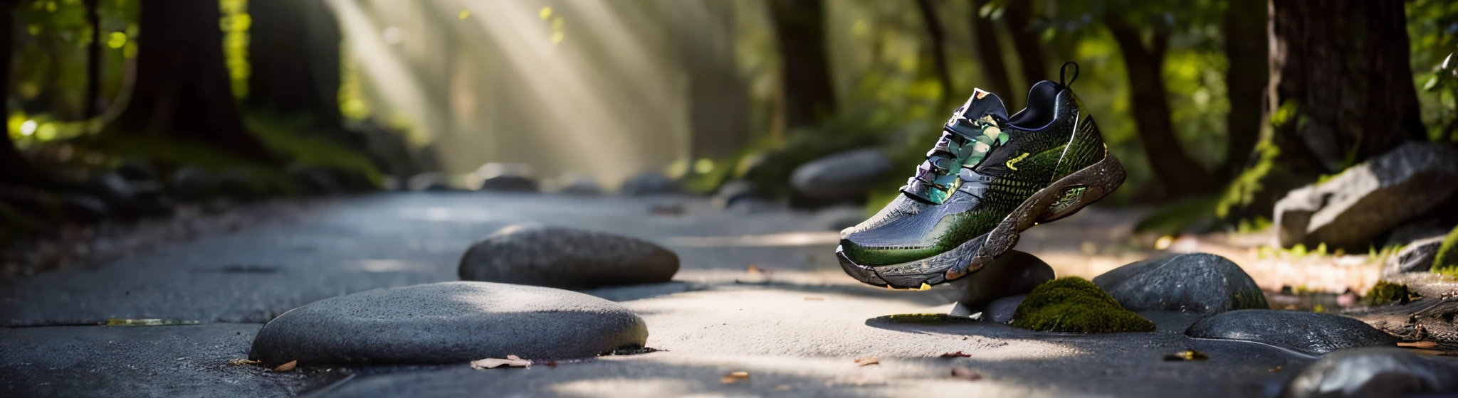 Shoes are placed on stones,There is moss on the stone,There is spring water under the stone,Cinematic light and shadow,(The best light and shadow),(Best Picture Quality),high high quality,Correct composition,Ray traching,Highlight shoes