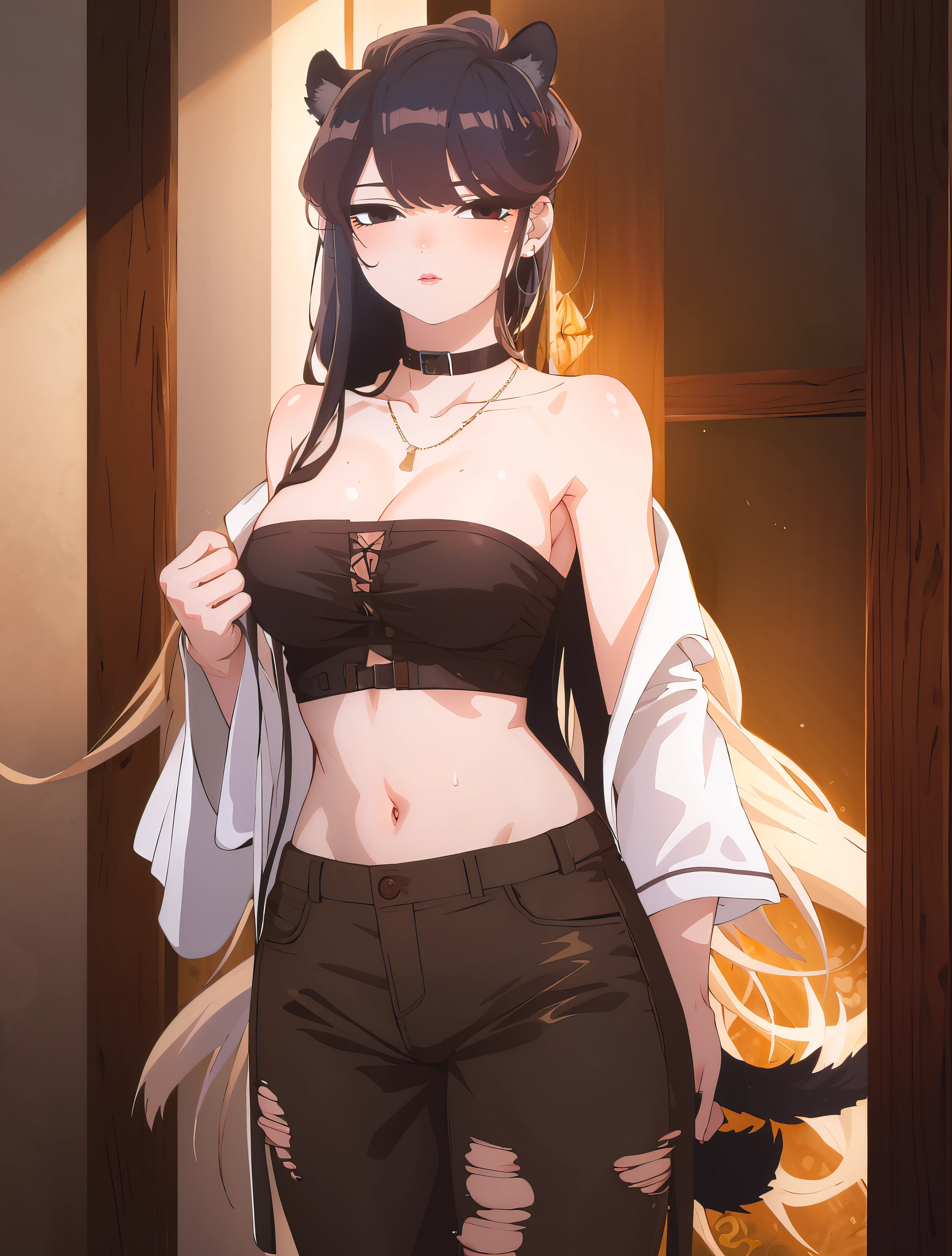 anatomically correct, best quality, masterpiece, high quality, high details, highres, HD, (shaded face:1.2), hollow eyes, black eyes, looking at viewer, heavy breathing, expressionless, lips,, black hair, long hair, huge breasts, sweating, wet, animal_ears, tail, 1girl, breasts, long_hair, navel, bandeau, long_sleeves, pants, solo, jacket, looking_at_viewer, bangs, standing, medium_breasts, fur_trim, strapless, torn_clothes, black_jacket, hair_between_eyes, collarbone,