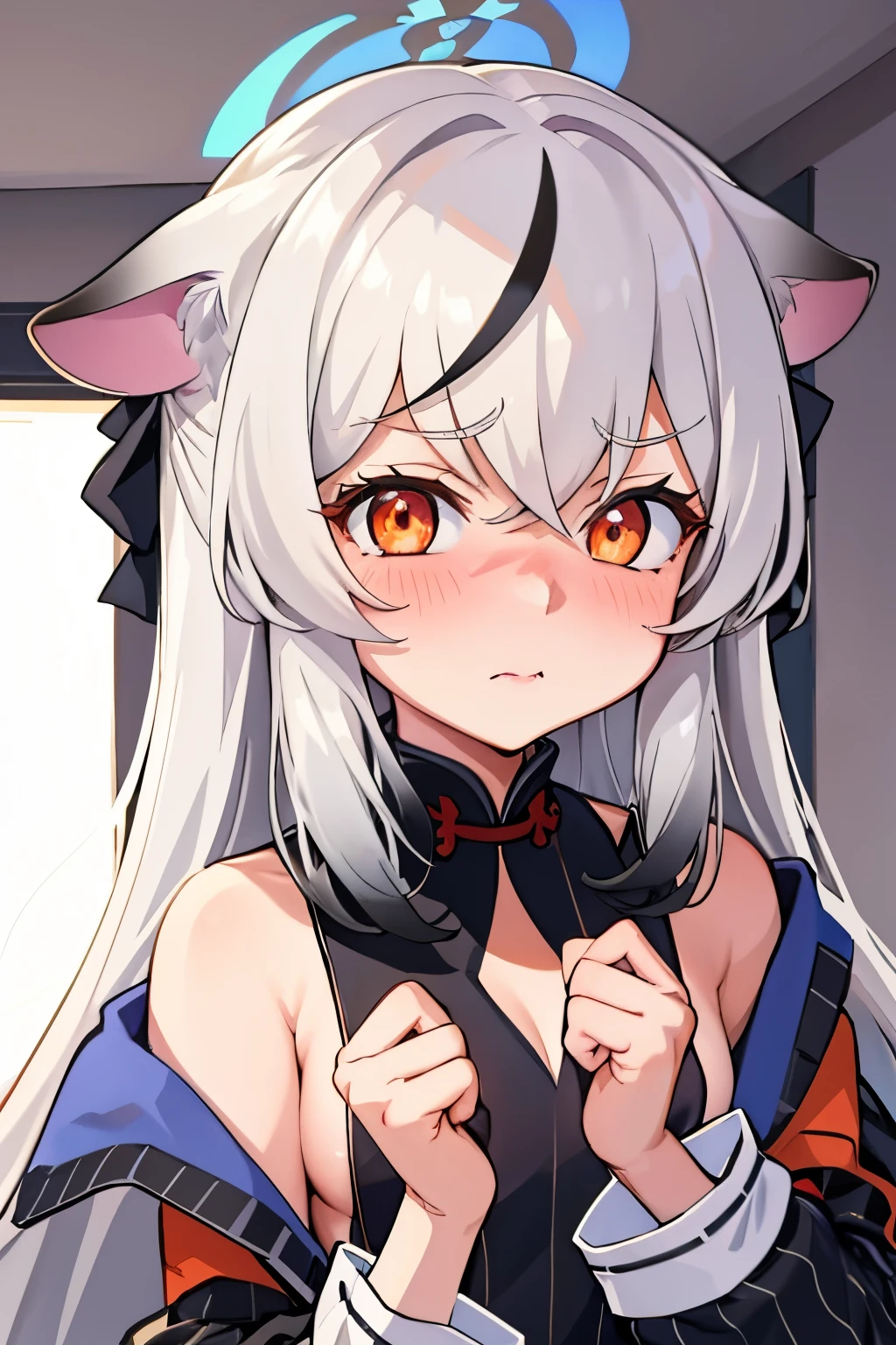 1girl, kokona, indoors, orange eyes, white hair, :3 mount, embarrassed, beautiful eyes, beautiful lips, shiny lips, extremely detailed eyes and face, long eyelashes, close-up, warm lighting, vibrant colors, looking at the viewer, embarrassed look, blush, iin pajamas in the bedroom