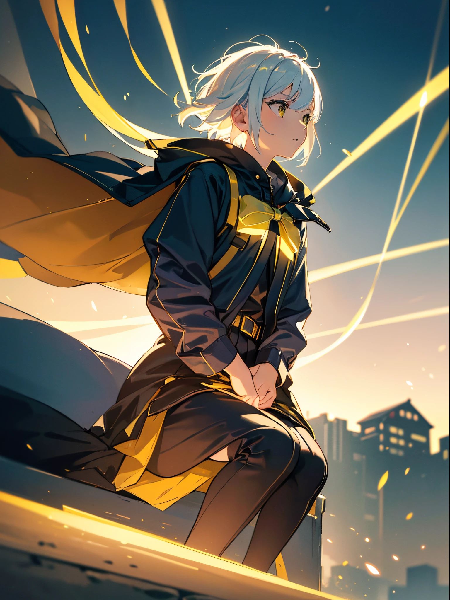 a girl in profile, sitting looking down, short bob hair, white hair, hair tied with a bow, holding a furry mouse, in the background yellow lights from houses on the street, the girl wears a plain jacket, {CG unit wallpaper of 16k extremely detailed}, expansive landscape photography, (a centered view with focus on the character), (wide open field view), (low angle shot), (high light: 1.4), (low light: 1.8), ( warm light source: 1.4), complex details, (iridescent colors: 1.2), (bright lighting), (atmospheric lighting), dreamy, unique,