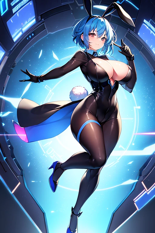 1girl, blue hair, large , bunny ears, rabbit ears, wide hips, bodysuit, black bodysuit, short hair, very short hair, science-fiction, tech, futuristic, machinery, full body, ((full body)), neon trim, happy, light smile