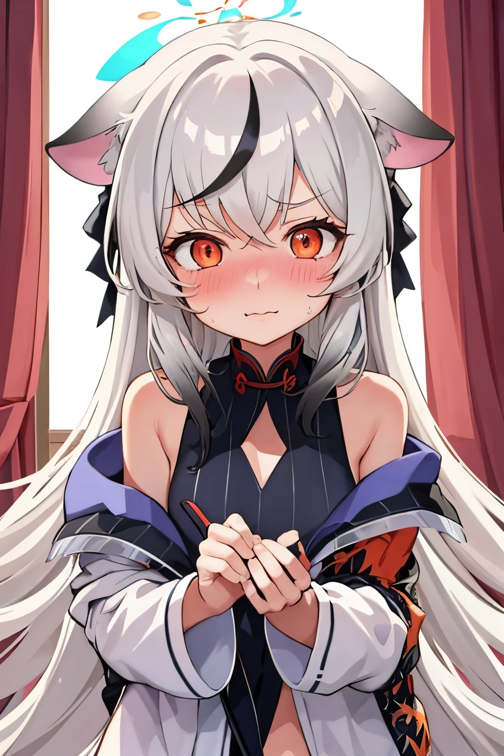 1girl, kokona, indoors, orange eyes, white hair, :3 mount, embarrassed, beautiful eyes, beautiful lips, shiny lips, extremely detailed eyes and face, long eyelashes, close-up, warm lighting, vibrant colors, looking at the viewer, embarrassed look, blush, iin pajamas in the bedroom