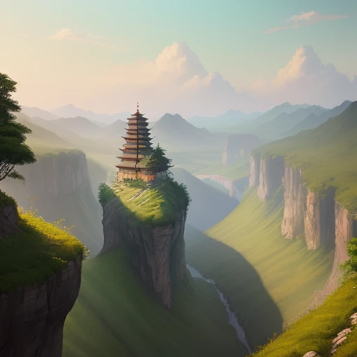 50 year old Chinese dad、20 year old boy、A landscape painting