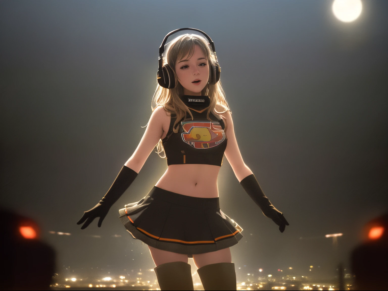 abstract colors, texture, film grain, dusty atmospheric haze, vignetting, wrinkles:0.2 intricate hasselblad dslr RAW full-body dramatic portrait photo of a 20 years old emily vancamp wearing a navel look costume, she is wearing headphones,skirt and long boots, singing on the stage overlooking a (scifi solarpunk)1.2 city skyline, funny pose, night, (backlit)1.2, (film grain)1.2, coastal atolls