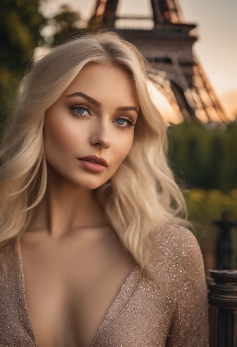 poised and alluring woman with captivating blue eyes, resembling the ultra-realistic Sophie Mudd. Blonde girl, She wears natural makeup, exudes a sexy charm in a short dress, blonde hair color and poses in Eiffel tower setting with a prominent bust.