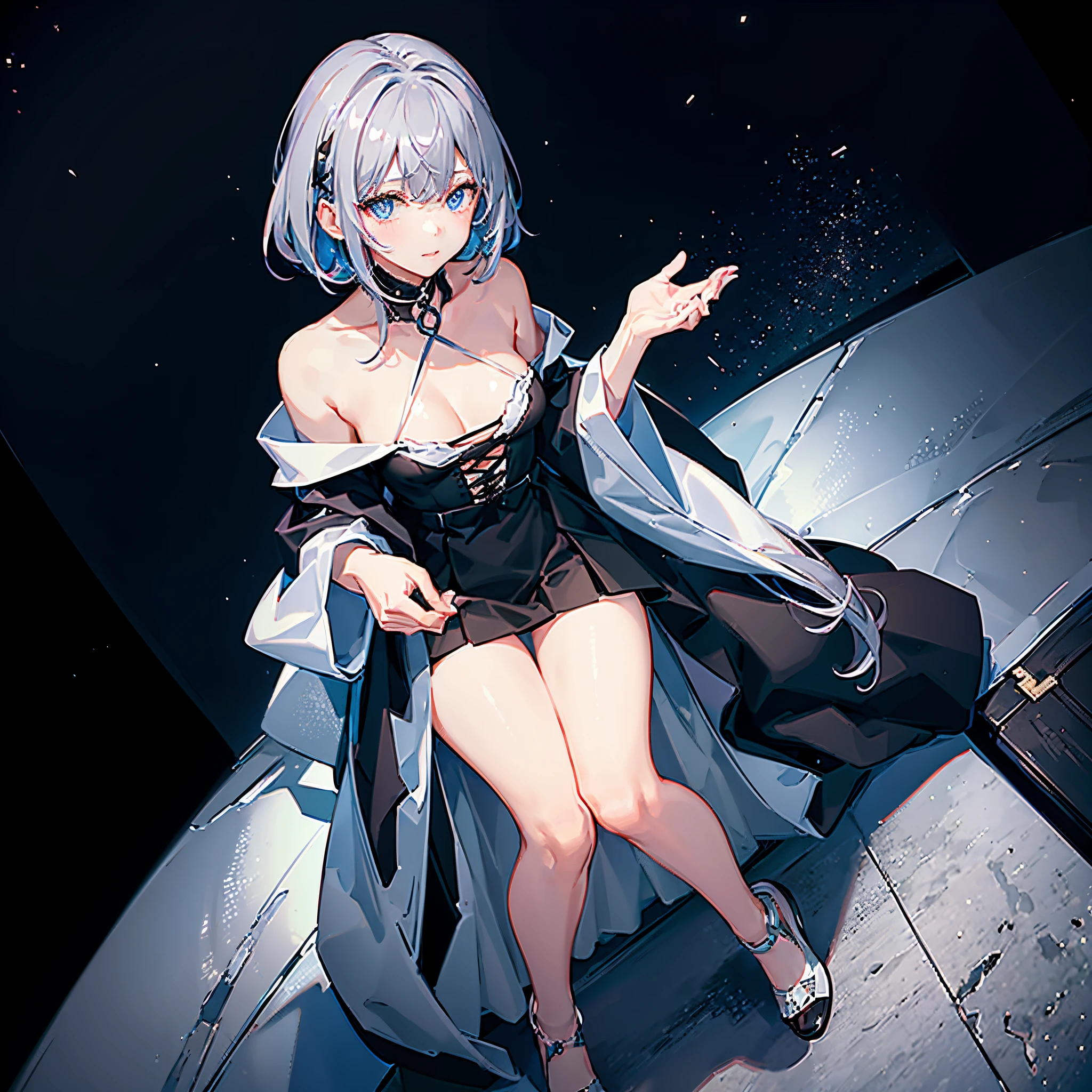 This is the rooftop of a skyscraper in Tokyo.、It's late at night now.、You can see the night view of many low buildings in the background.、Photograph her from above、Small moon and starry sky、You can see the beautiful sea with the moonlight reflecting in the distance.、Photograph her from an angle of 45 degrees above、One 27-year-old woman with small breasts、adult lady、Older sister、She wears a large black witch hat with sapphire accessories、Medium short silver hair with reddish-purple mesh、He is looking at me with a cool face and confused eyes.、Blue eyes with highlights、She is wearing a long black coat over a white t-shirt、White camisole、White bra、White bath towel、Black pleated skirt、Black sneakers with white shoelaces、small tits、discreet breasts、full-shot、hiquality、High Details、high-level image quality、4K picture quality、beatiful backgrounds