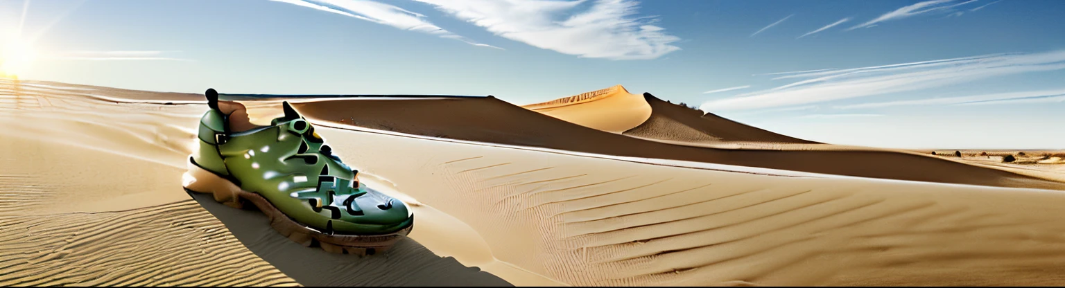 (a huge brown travel shoe),tmasterpiece,Best Picture Quality,The most natural light and shadow,(Brown shoes)(Best Picture Quality)(The best illustrations)(The best light and shadow)(Very detailed CG unified 8k wallpaper),Desert theme with natural elements,continuous dunes,Vast blue sky(a winding road),The sky is larger,There is green space in the distance,(nature elements)(sand dune)(One third of the white cloud sky),desert desolation,Ray traching,ultra - detailed,Cinematic light and shadow
