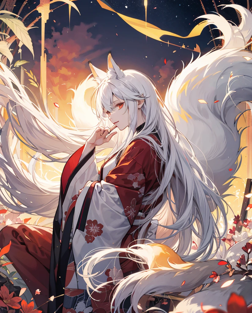 Hiyakasudere, Kitsune, long white hair, fox boy, 20 years old