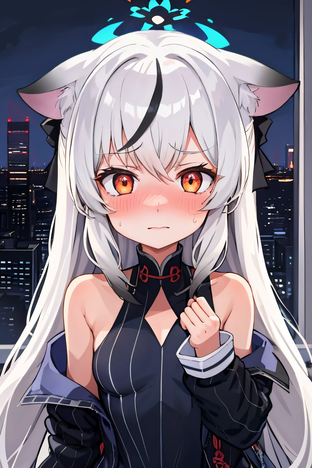 1girl, kokona, indoors, orange eyes, white hair, :3 mount, embarrassed, beautiful eyes, beautiful lips, shiny lips, extremely detailed eyes and face, long eyelashes, close-up, warm lighting, vibrant colors, looking at the viewer, embarrassed look, blush, on top of a giant building at night