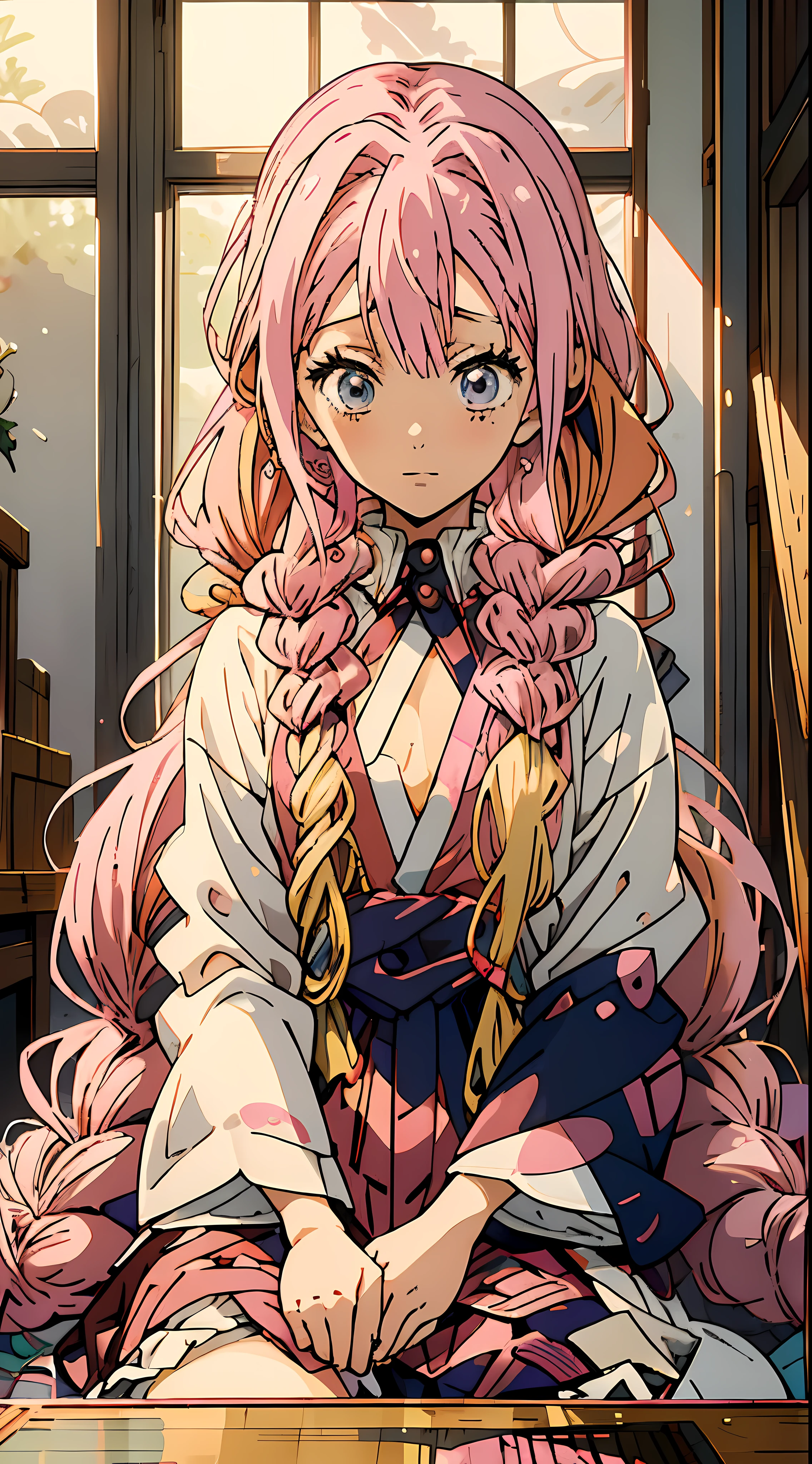 (MitsuriDS:1.2),Anime girl with pink hair and white shirt sitting at the table, Anime rapunzel girl, seductive anime girls, Blonde long hair anime girl, ribbon in her hair, finely detailled. Japanese cartoon, illustrious makinami, Look at the audience