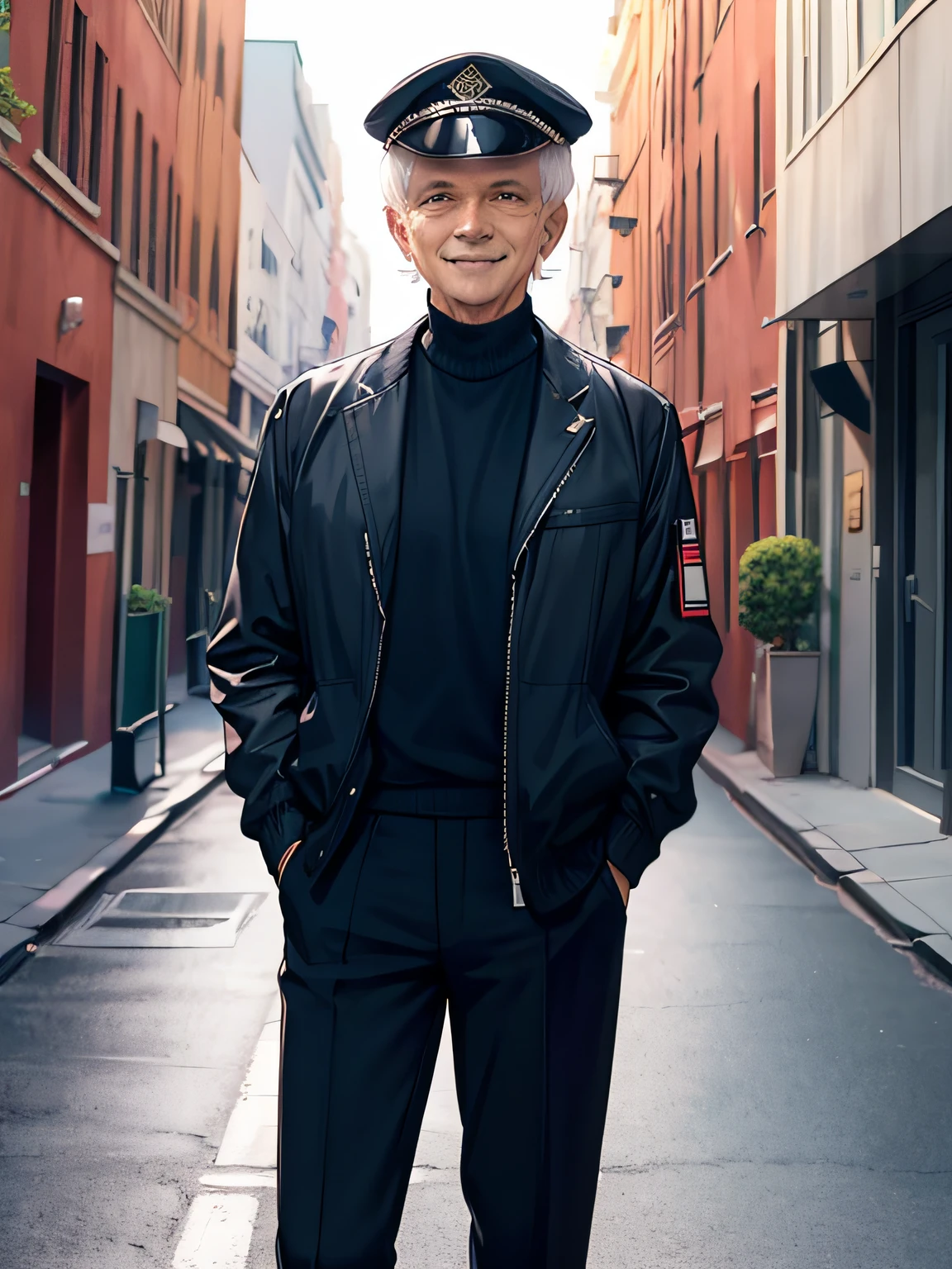masterpiece, Ganjar (white-haired man), smiling, open jacket colors, mob cap, street, hand on hip, hand in pocket, long pants,