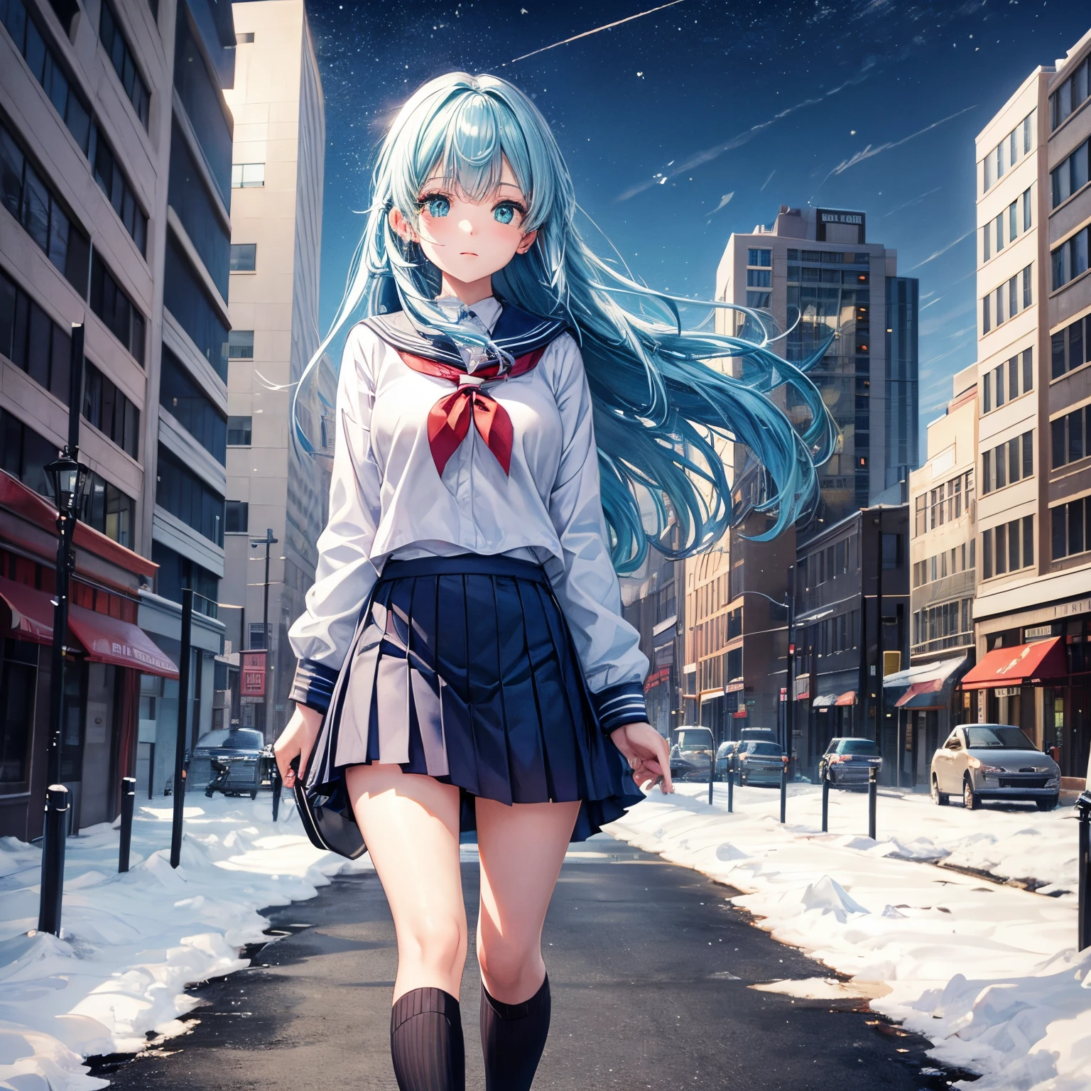 Best Quality,超A high resolution,1girl in,Solo,Full body,Snow,city,, Blue hair,Green eyes,nffsw,School uniform,