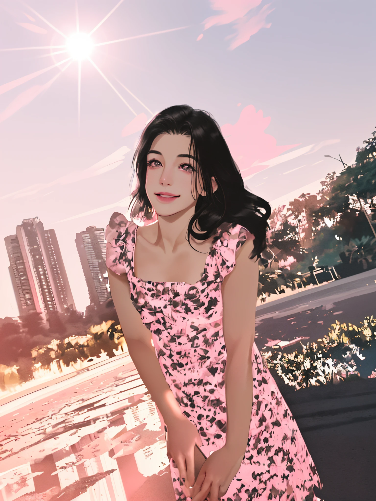 Face has not changed much from the original photo, pink white skin, unchanged face, facial details, pink lips, black hair, sunlight shining on hair, beautiful natural landscape, 25 years old , enchanting smile, road background image