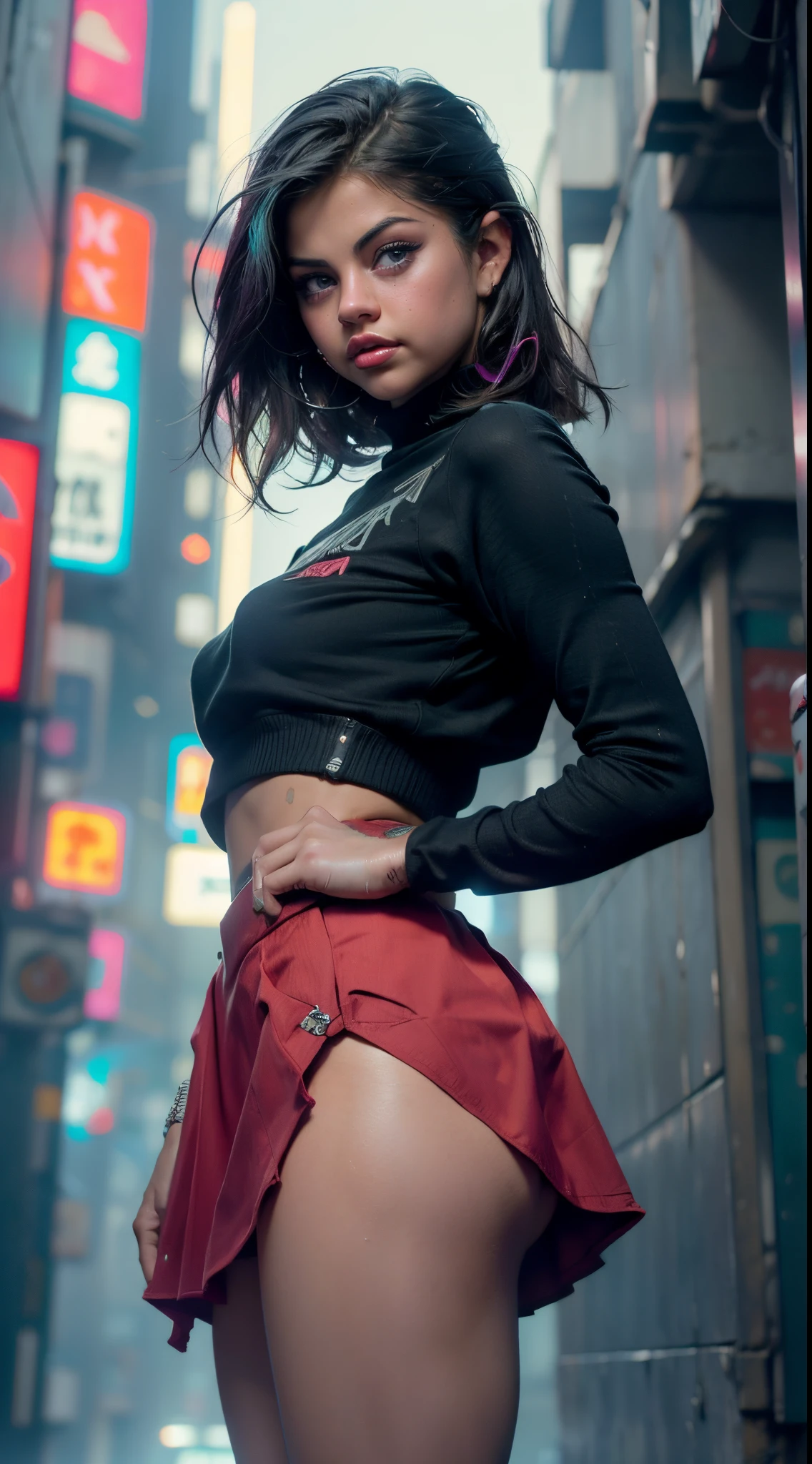 Selena Gomez, cabello rubio ondulado, usar gafas, usar una gorra, vistiendo una camiseta roja rota por la mitad y mostrando sus pechos NSFW, (miniskirt red:1.4)( post city Tokio colors:1.4), NSFW, ,More detailed 8K.motor irreal:1.4,UHD,La mejor calidad:1.4, fotorrealista:1.4, textura de la piel:1.4, obra maestra:1.8,obra-prima, mejor calidad,objeto Objeto], (detailed face features:1.3), manos detailed  ,(Selena Gomez:1.4) ,(colors cyberpunk:1.4),fondo azul agua, (sexy vestuario:1.4)