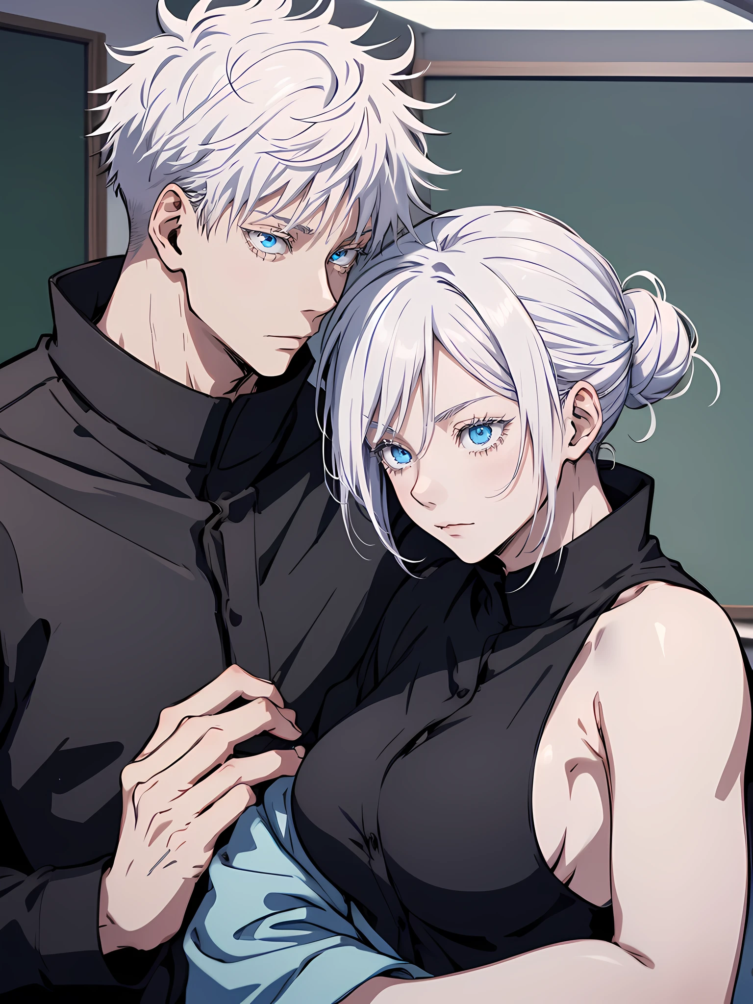 Woman, Man, female, male, couple, jujutsu kaisen, white hair, hair bun, white eyebrows, white eyelashes, light blue eyes, wearing black shirt, black clothing, classroom, high quality, 4k resolution, anime