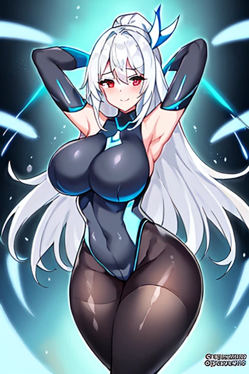 1girl, white hair, large breasts, breasts, thick thighs, wide hips, red eyes, bodysuit, black bodysuit, pantyhose, long hair, light smile, happy, science-fiction, tech, futuristic, black pantyhose, thighhighs, neon, machinery, hair ornament, ornament, neon trim, anime style, 2d, anime screencap, shoulder armor, blue neon trim, hip sway, swaying hips, bouncing breasts, arms behind back, hands behind head, arms behind head, arms up, me!me!me dance \(meme\), dancing, dance, hourglass figure