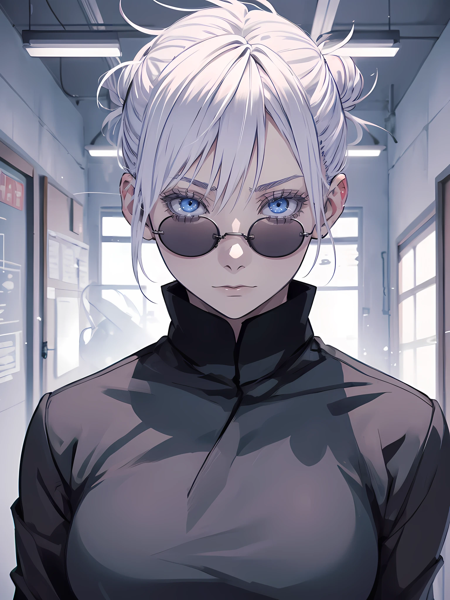 Woman, famale version, female, solo, alone, jujutsu kaisen, white hair, hair bun, white eyebrows, white eyelashes, light blue eyes, detailed eyes, wearing round sunglasses, wearing black shirt, black clothing, classroom, high quality, 4k resolution, anime