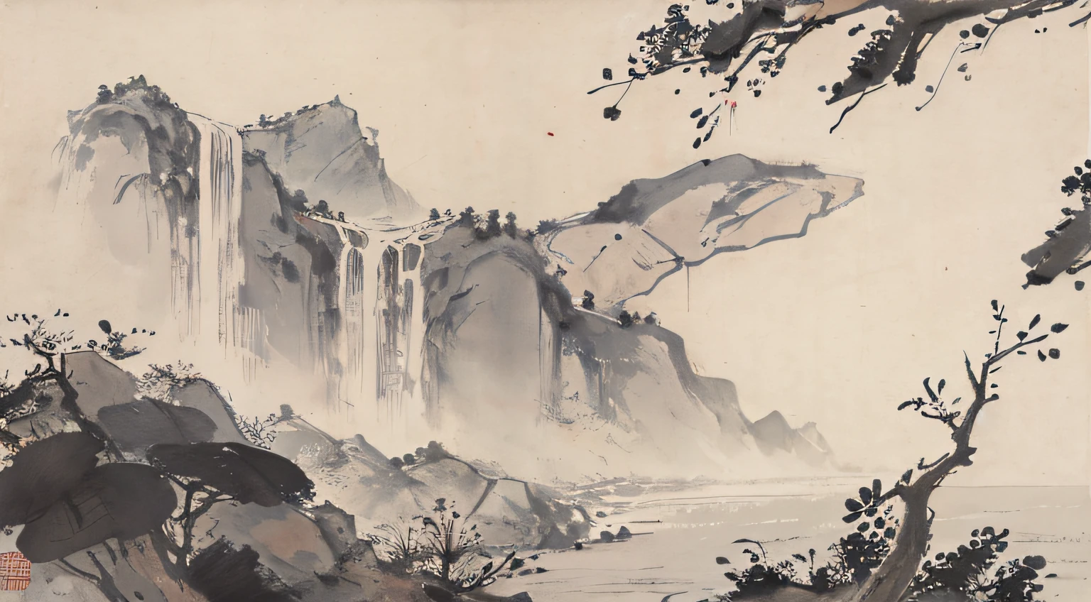 (Masterpiece, best quality: 1.2), traditional Chinese ink painting, waterfall, big river, grandiose, flying bird
