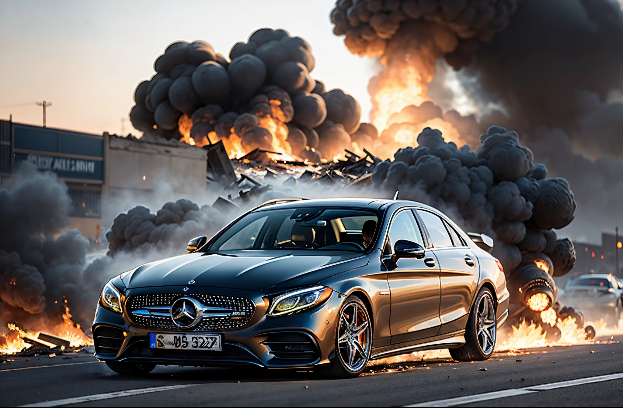 Picture of a Mercedes Benz driving away from an explosion