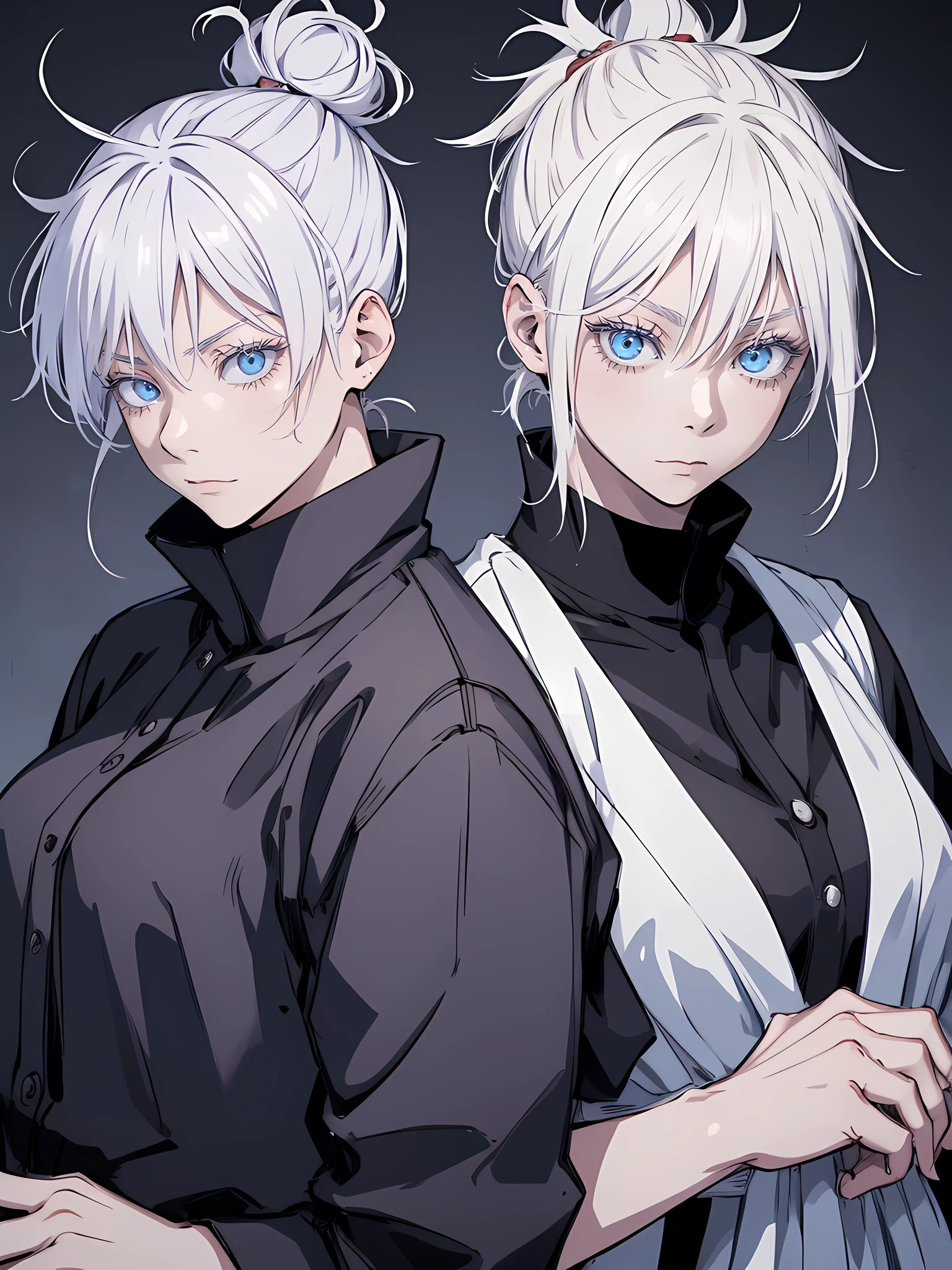 Woman, famale version, female, couple, jujutsu kaisen, white hair, hair bun, white eyebrows, white eyelashes, light blue eyes, wearing black shirt, black clothing, classroom, high quality, 4k resolution, anime