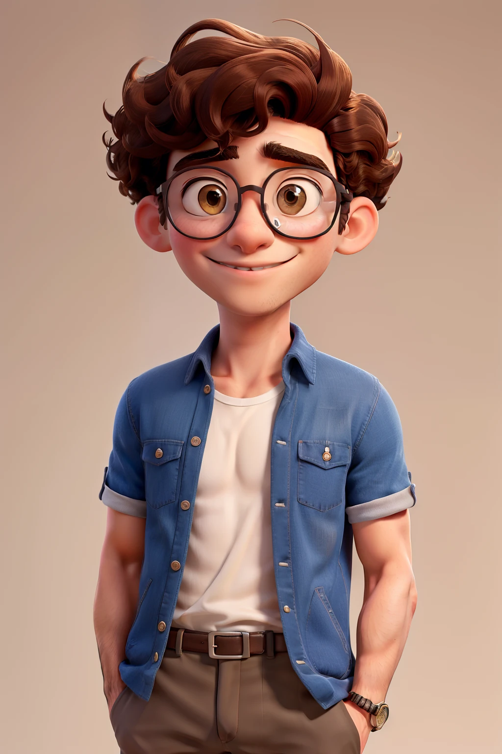 Brunette man with short curly hair with round glasses, famous model taking photo